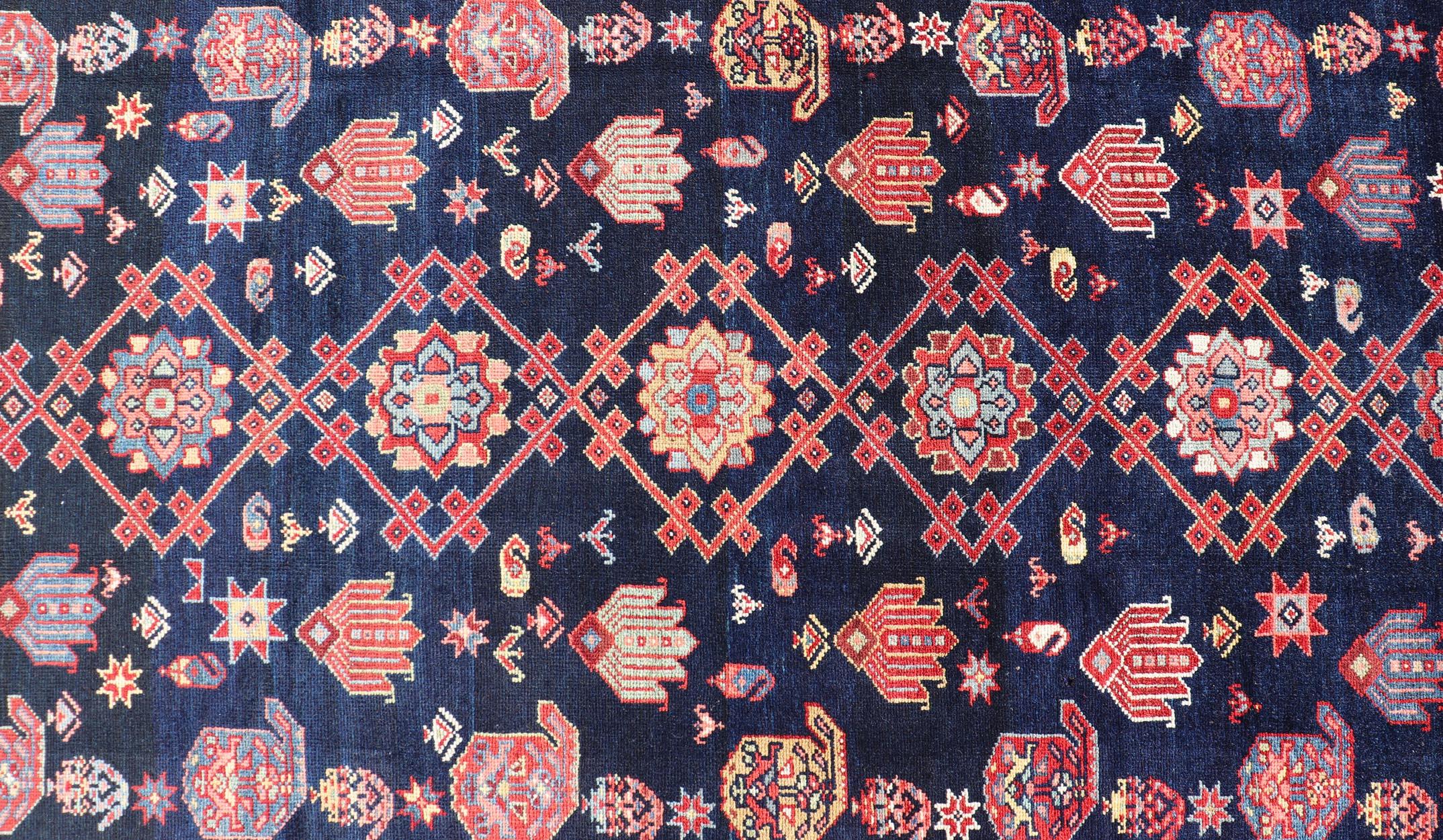 Antique Persian Malayer Gallery Runner in Blue Background with Multi Colors For Sale 2