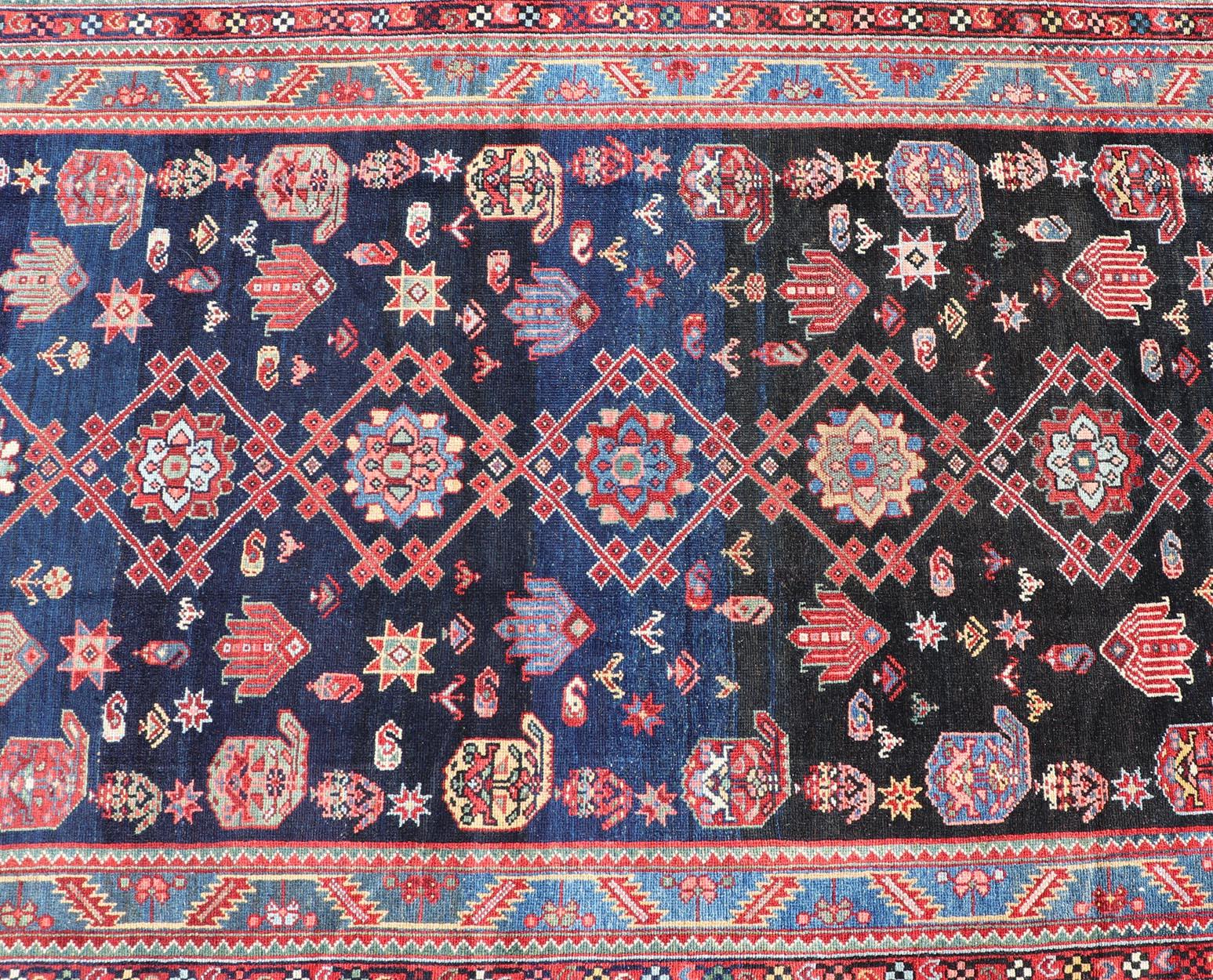 Antique Persian Malayer Gallery Runner in Blue Background with Multi Colors For Sale 3