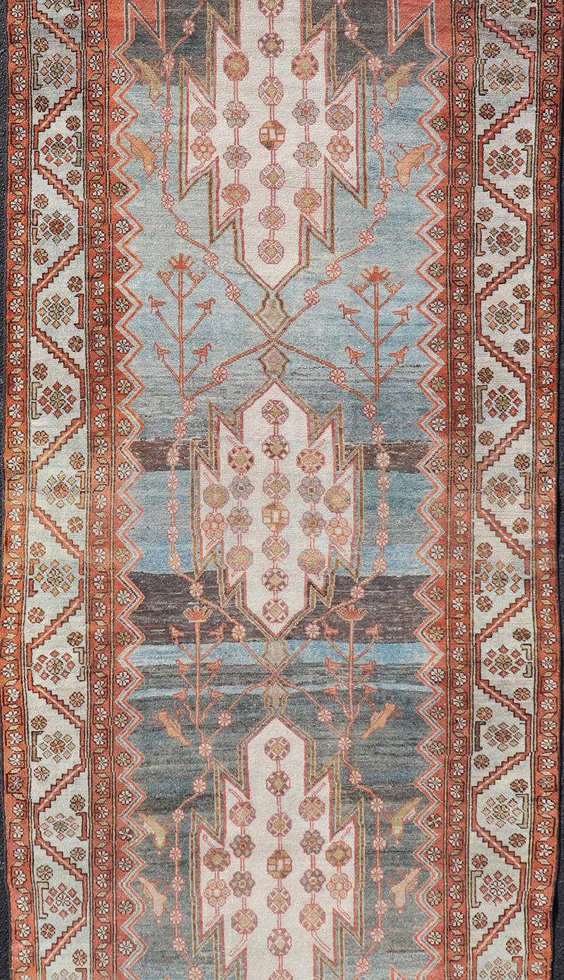 Hand-Knotted Antique Persian Malayer Gallery Runner in Gray, Blue, Tera-cotta and Cream For Sale