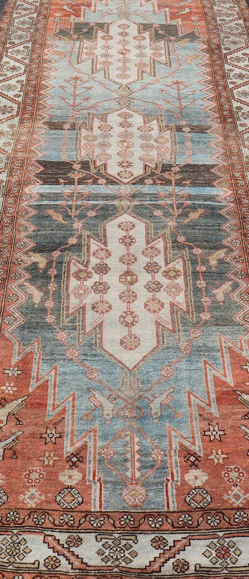 20th Century Antique Persian Malayer Gallery Runner in Gray, Blue, Tera-cotta and Cream For Sale