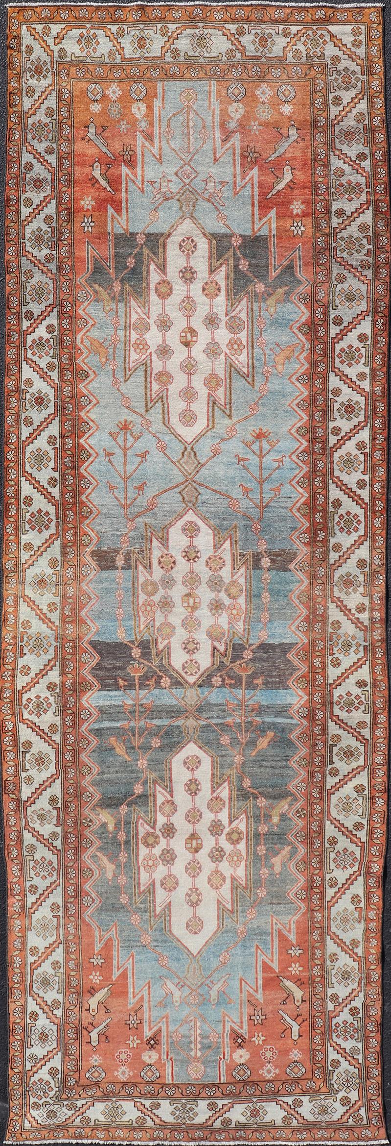 Antique Persian Malayer Gallery Runner in Gray, Blue, Tera-cotta and Cream