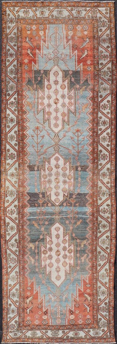 Antique Persian Malayer Gallery Runner in Gray, Blue, Tera-cotta and Cream