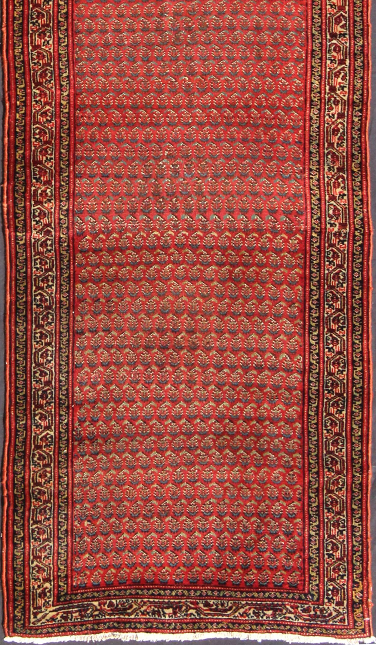 Hand-Knotted Long Runner Antique Persian Malayer Runner with Saraband Design in Soft Red  For Sale