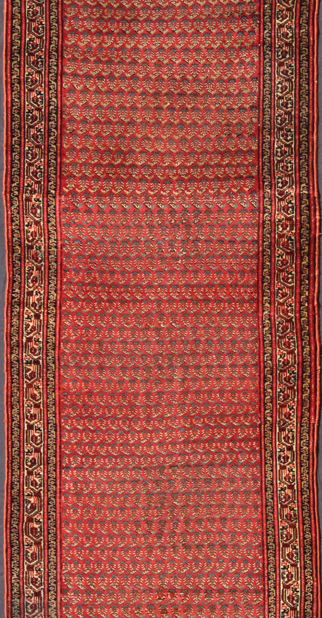 Long Runner Antique Persian Malayer Runner with Saraband Design in Soft Red  In Good Condition For Sale In Atlanta, GA