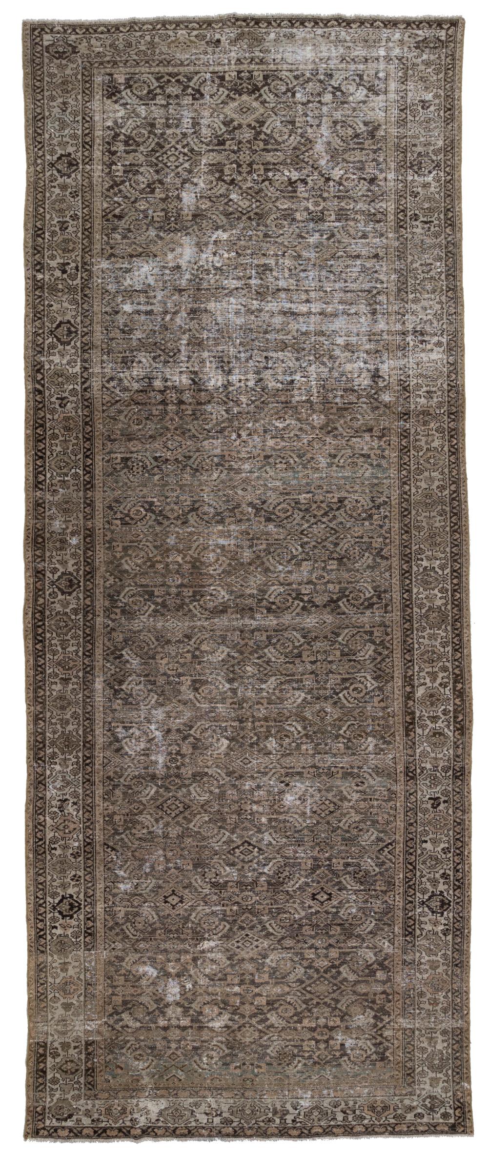 Age: 1920

Colors: Brown, Beige, Cream

Pile: Low

Wear Notes: 4

Material: Wool on Cotton 

Wear Guide:
Vintage and antique rugs are by nature, pre-loved and may show evidence of their past. There are varying degrees of wear to vintage rugs; some