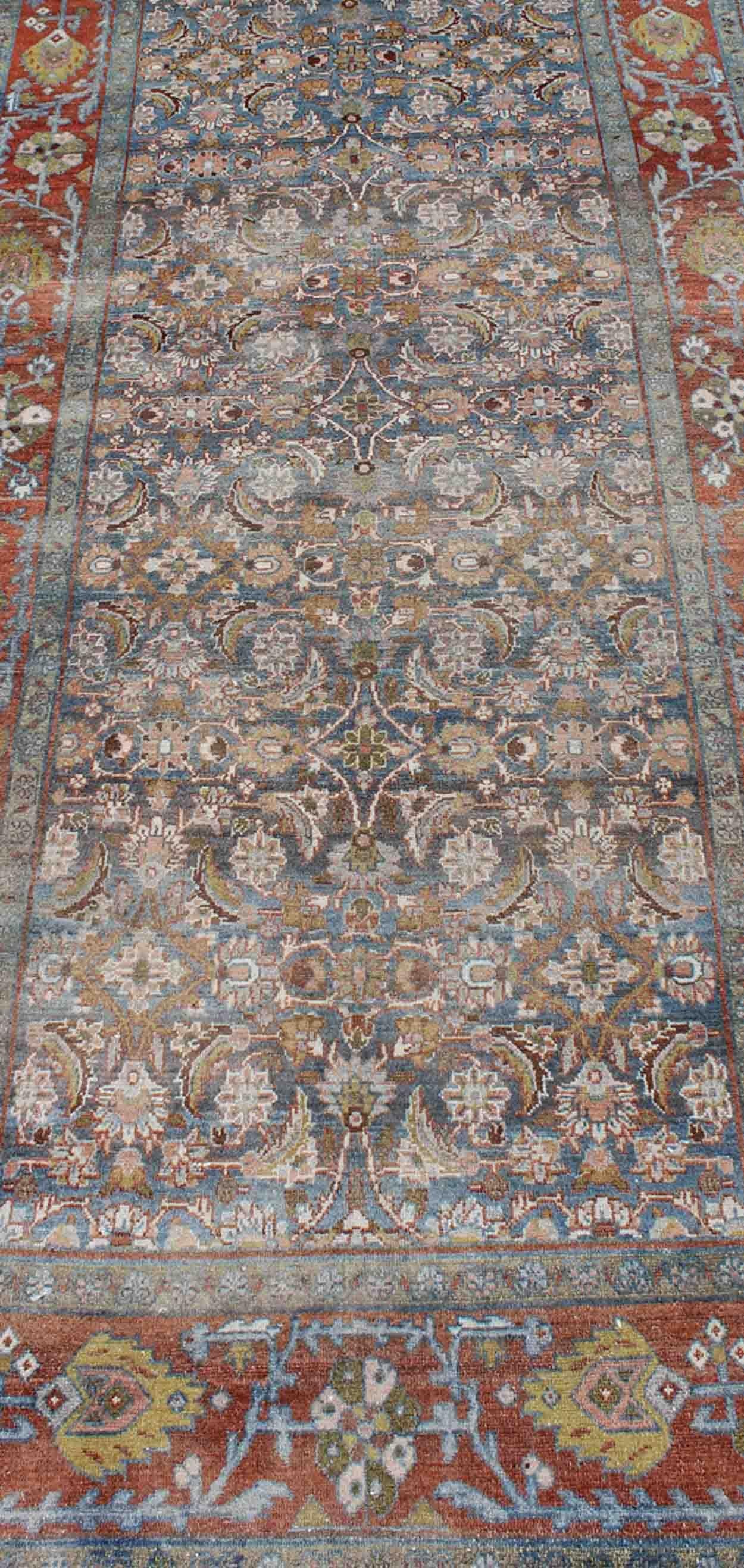 Antique Persian Malayer Gallery Runner with Allover Floral Motifs in Faded Blue For Sale 2