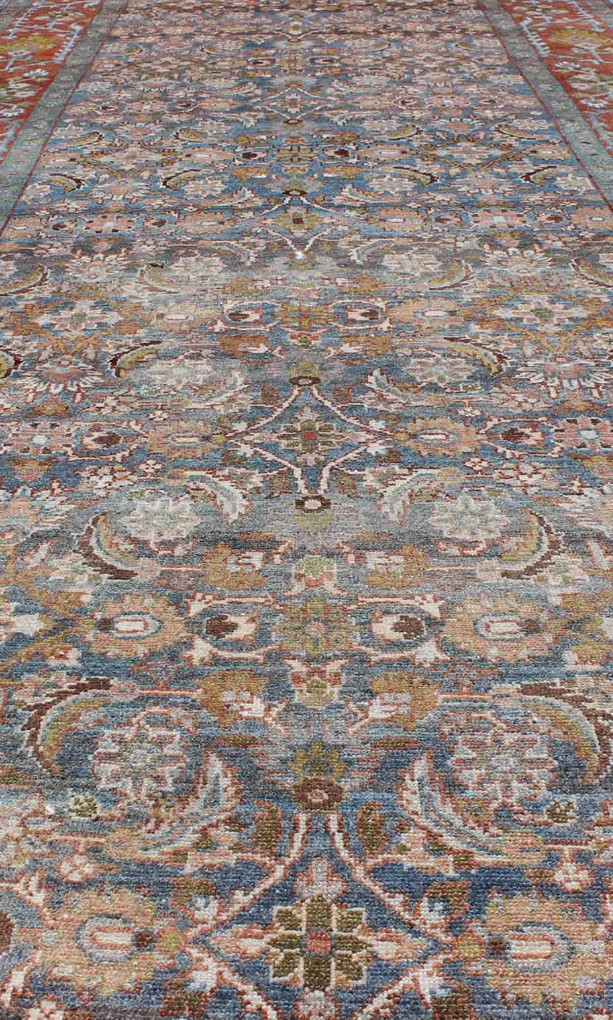 Antique Persian Malayer Gallery Runner with Allover Floral Motifs in Faded Blue For Sale 3