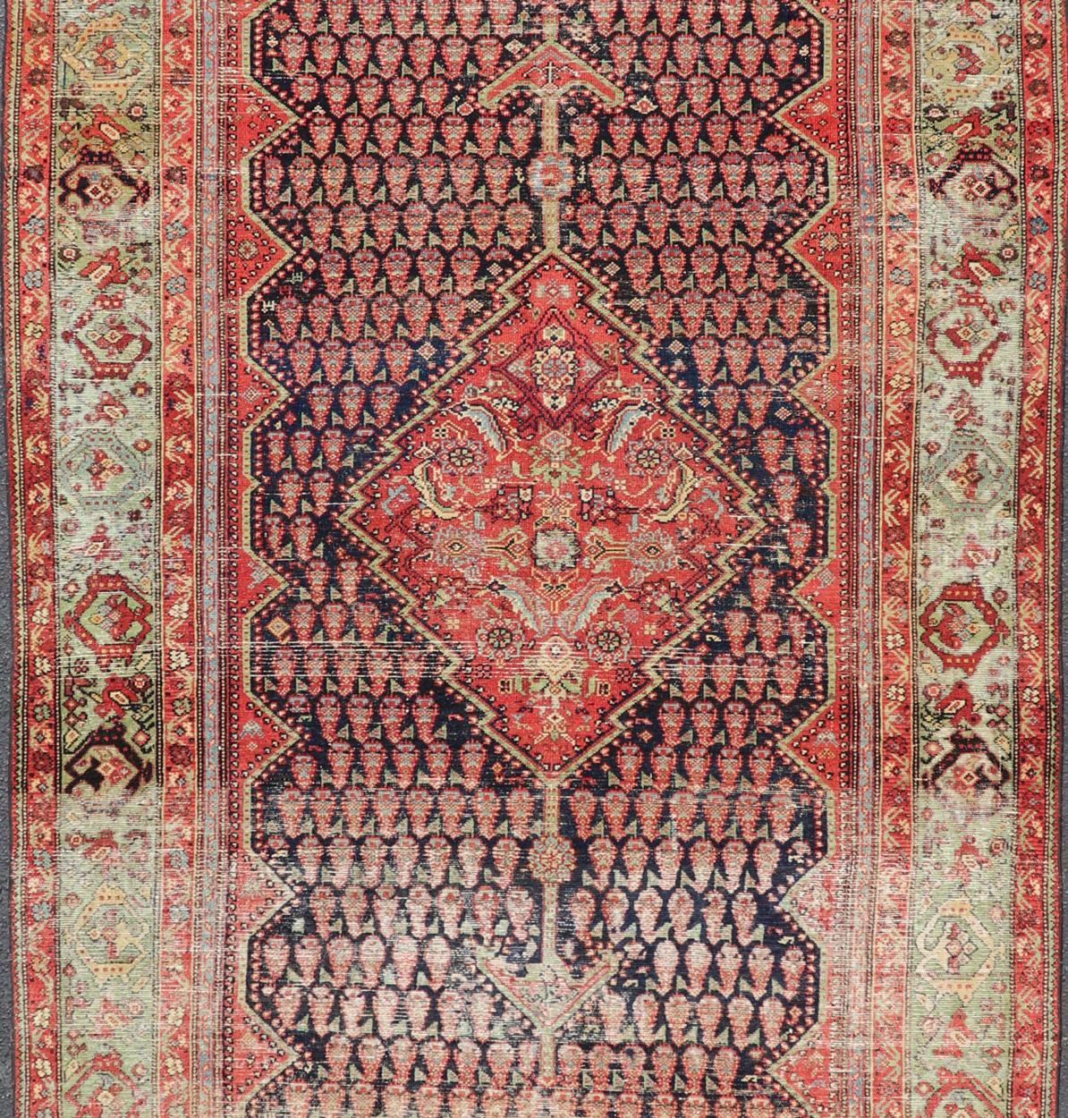 Wool Antique Persian Malayer Gallery Runner with Small All-Over Design with Medallion For Sale