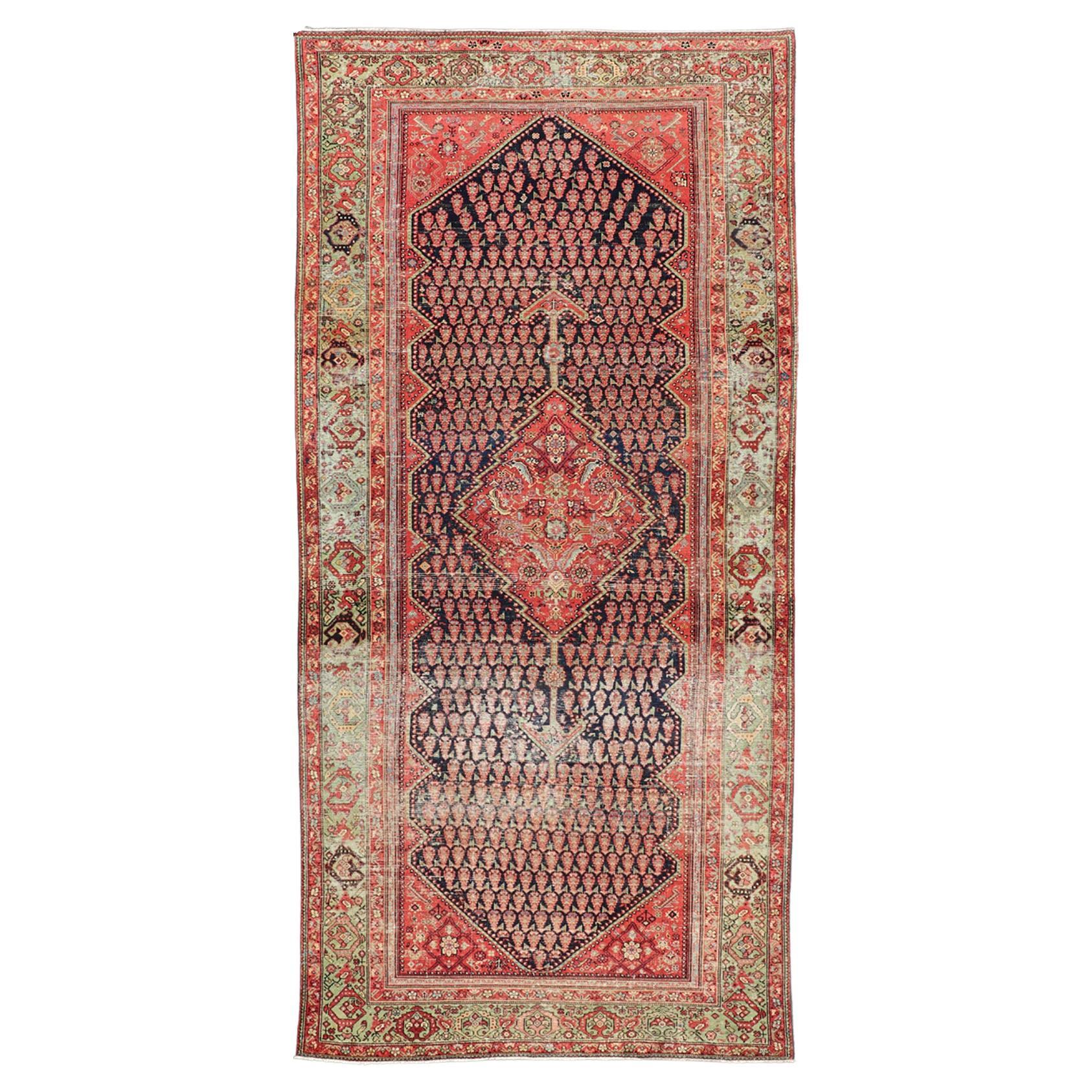 Antique Persian Malayer Gallery Runner with Small All-Over Design with Medallion
