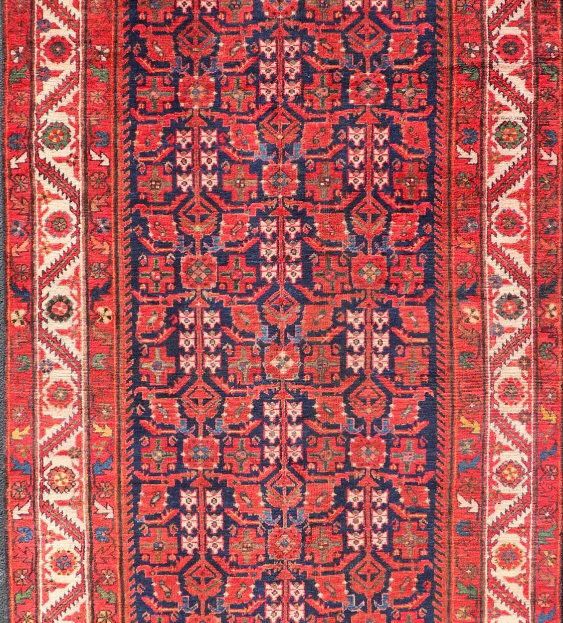 Wool Antique Persian Malayer Gallery Runner with Sub-Geometric All-Over Design For Sale