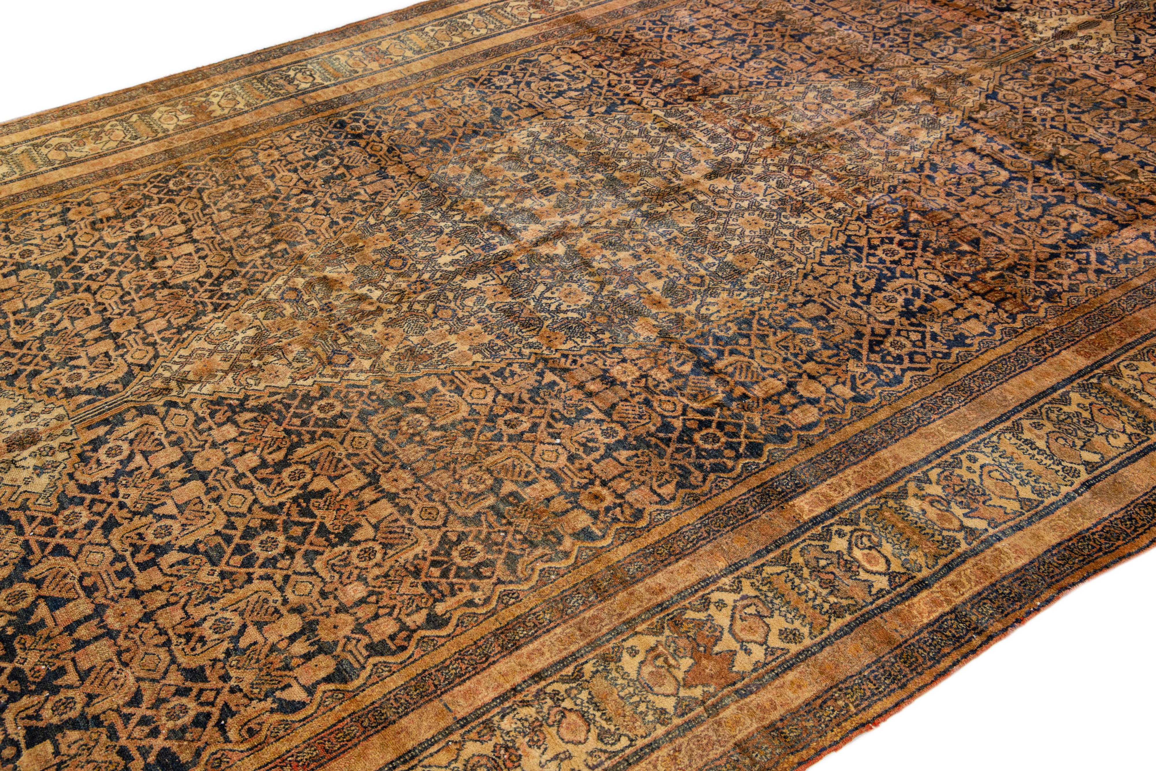 Hand-Knotted Antique Persian Malayer Gallery Wool Rug with Tan Medallion Design For Sale