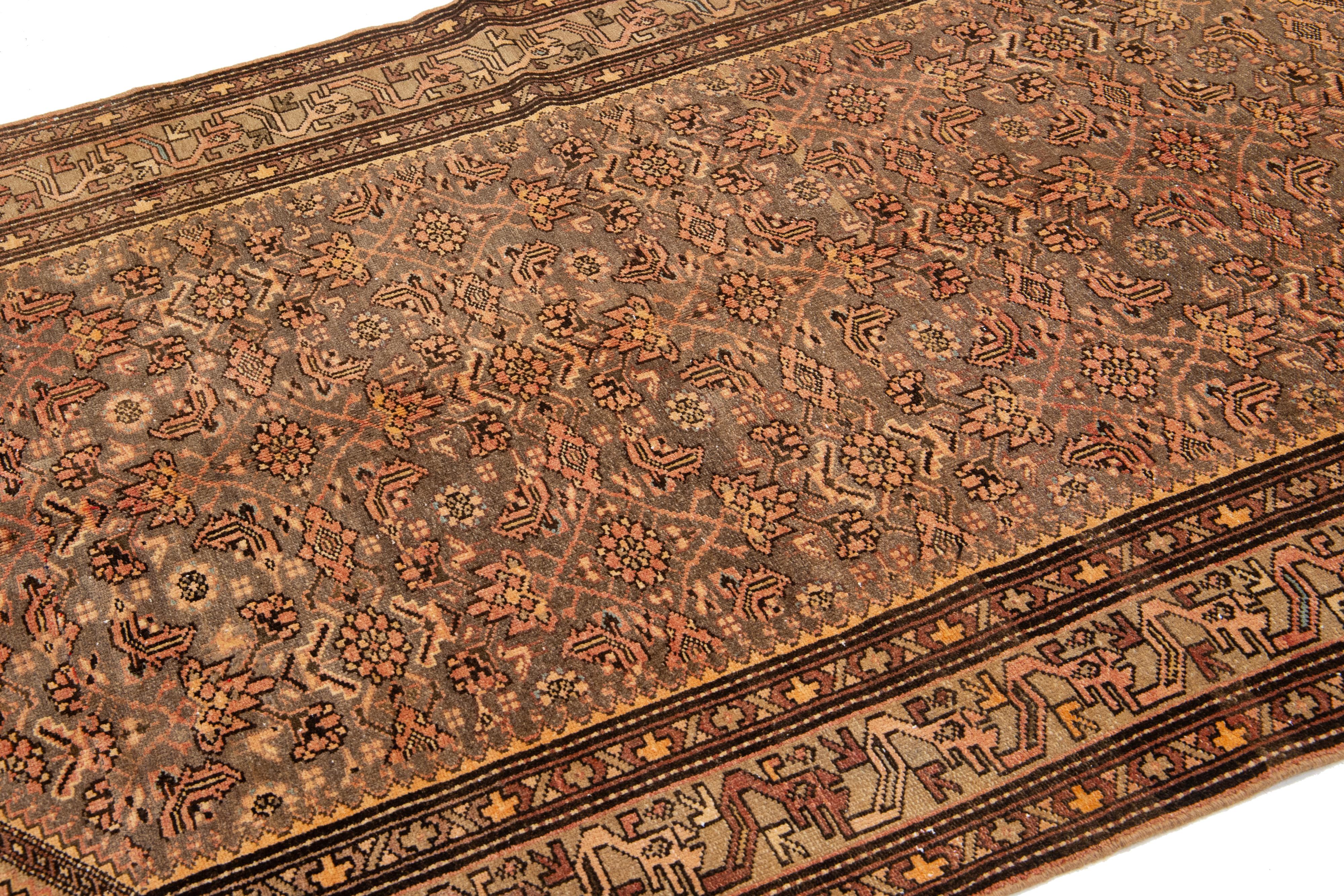 Hand-Knotted Antique Persian Malayer Gray Wool Rug From the 1920s with Floral Pattern For Sale