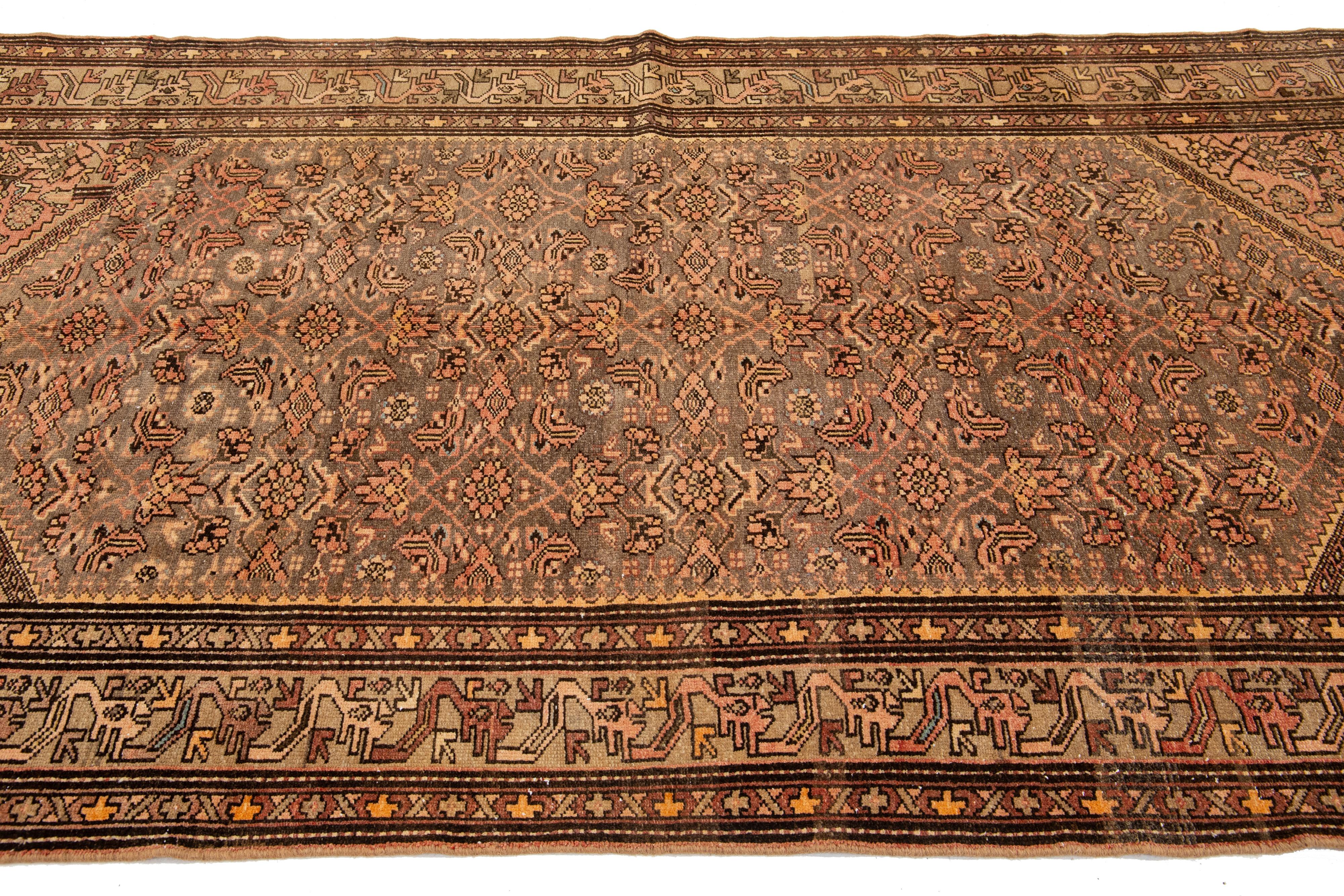 Antique Persian Malayer Gray Wool Rug From the 1920s with Floral Pattern In Excellent Condition For Sale In Norwalk, CT