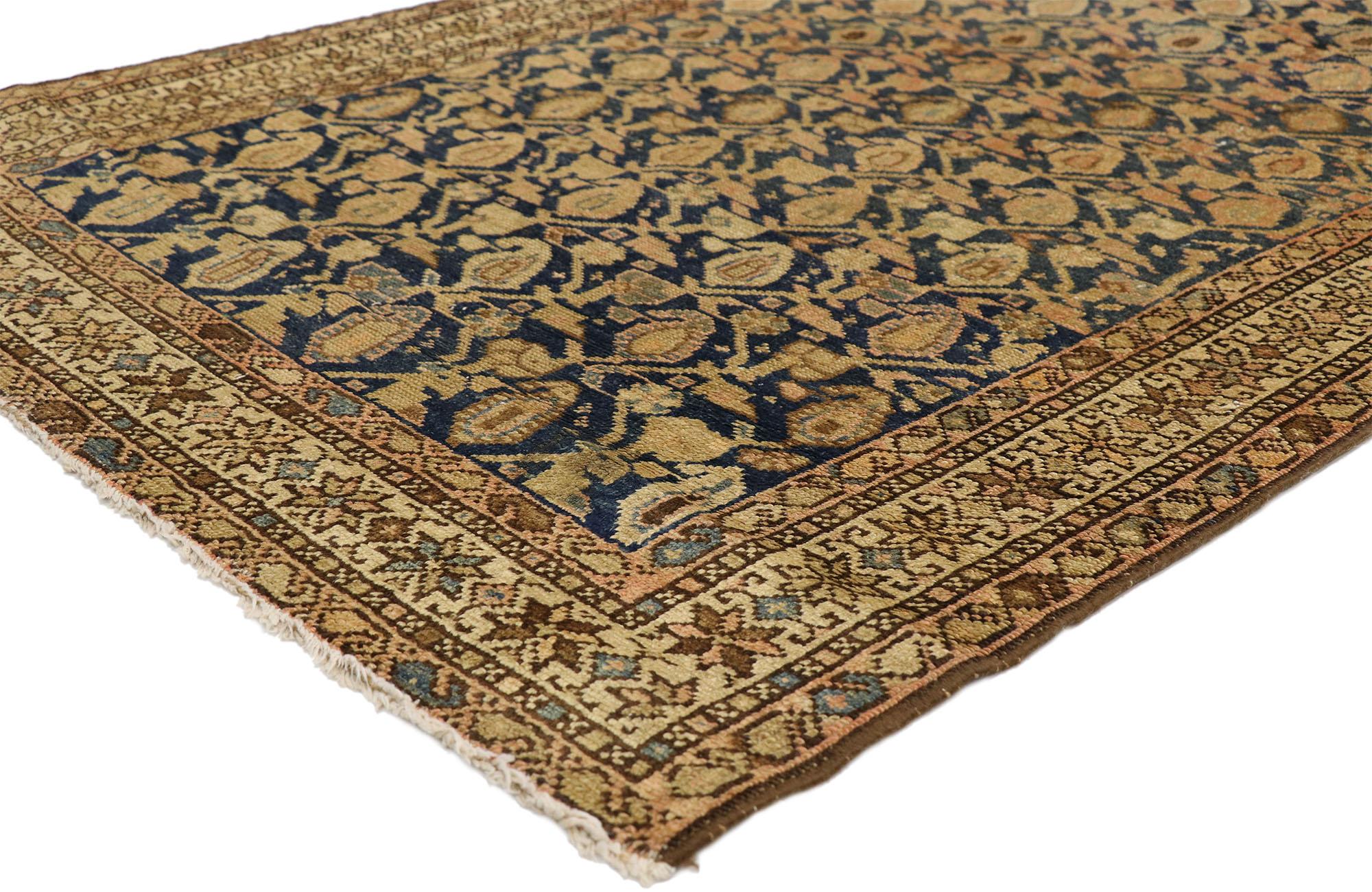 74234 Antique Persian Malayer Rug, 03'04 X 15'10.
Timeless elegance meets modern masculine in this hand knotted wool antique Persian Malayer rug. The imposing geometric design and sophisticated color palette woven into this piece work together