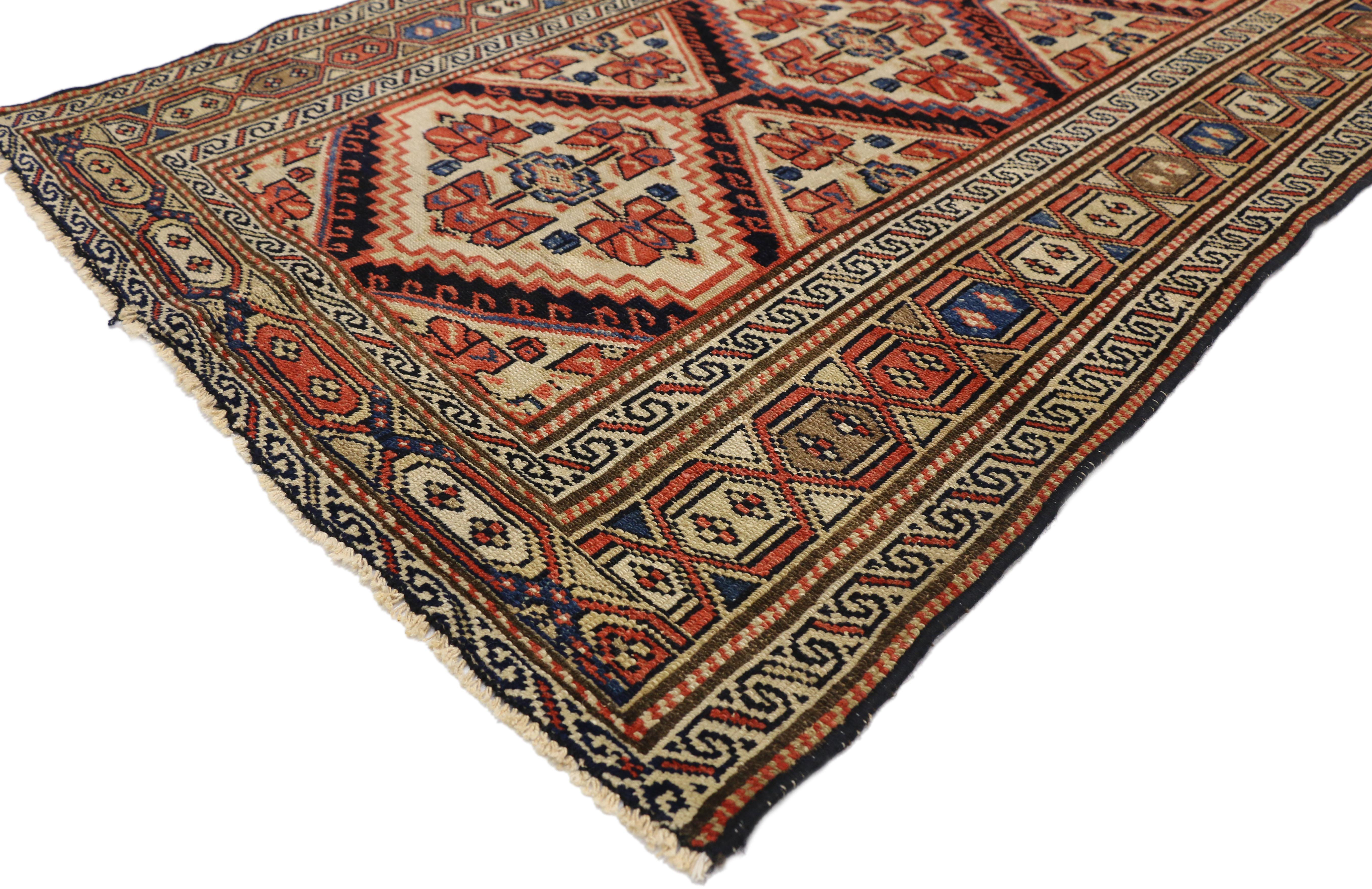 77280 Antique Persian Malayer Hallway runner. This hand knotted wool antique Persian Malayer hallway runner features an all-over geometric pattern composed of a pole medallion with nomadic village style. The middle hexagonal medallion is filled