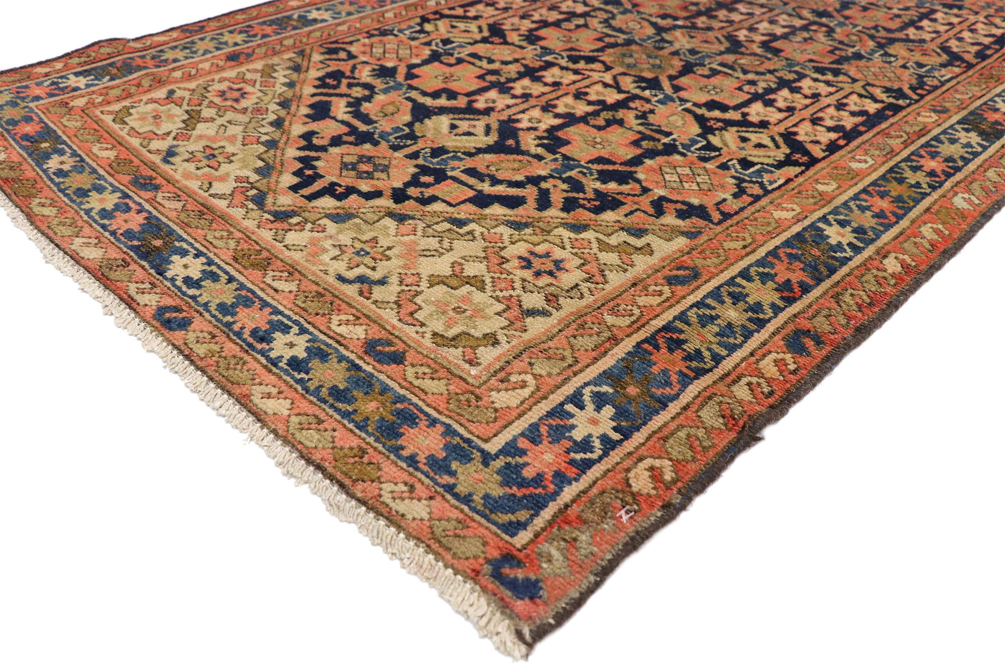 75362 Antique Persian Malayer Runner 03'03 X 13'00. This hand knotted wool antique Persian Malayer runner features a lively all-over floral lattice pattern composed of Mina Khani design and Guli Henna which is the Flower of Hinnai also known as Guli