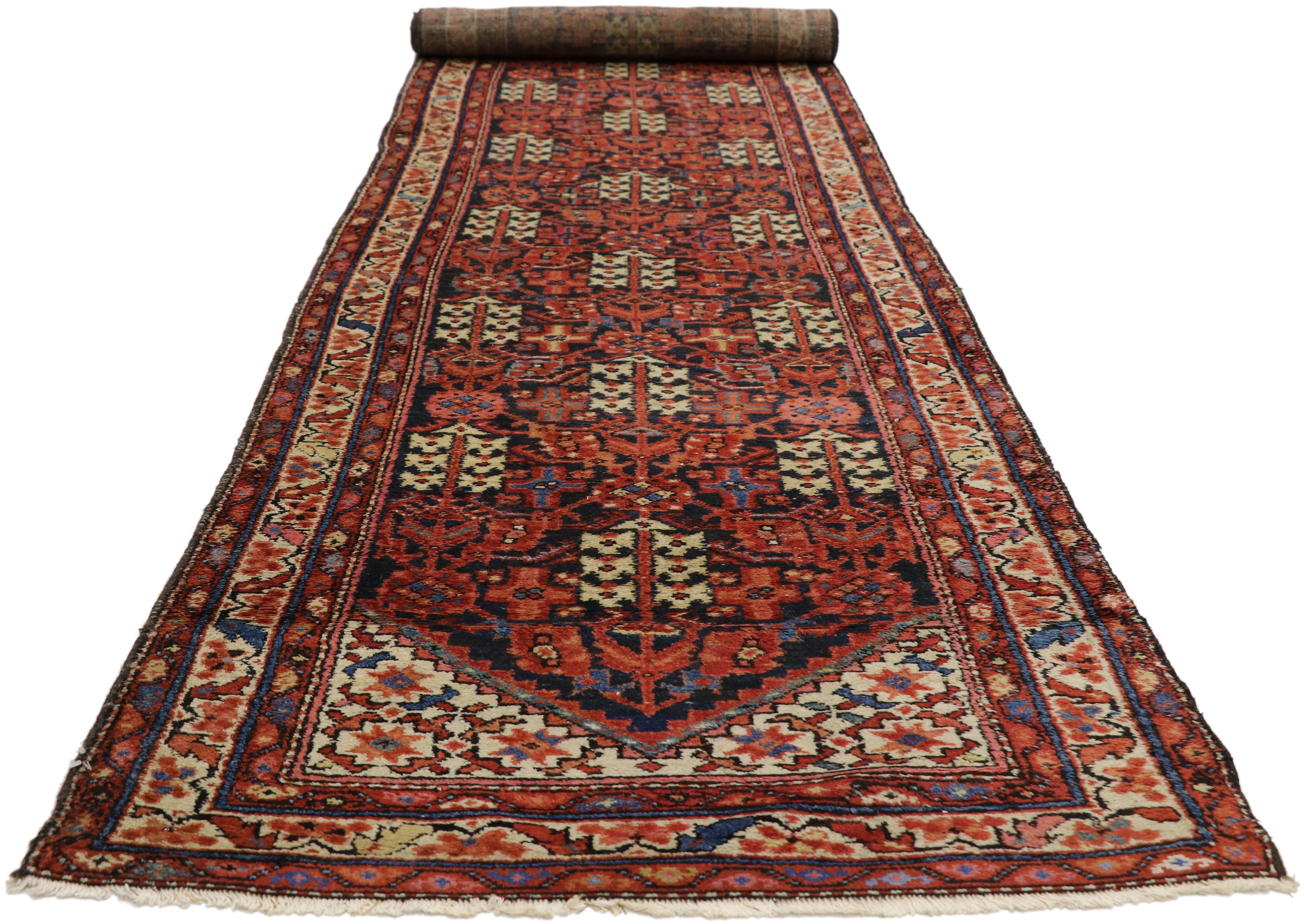Hand-Knotted Antique Persian Malayer Hallway Runner with Guli Henna and Mina Khani Design For Sale