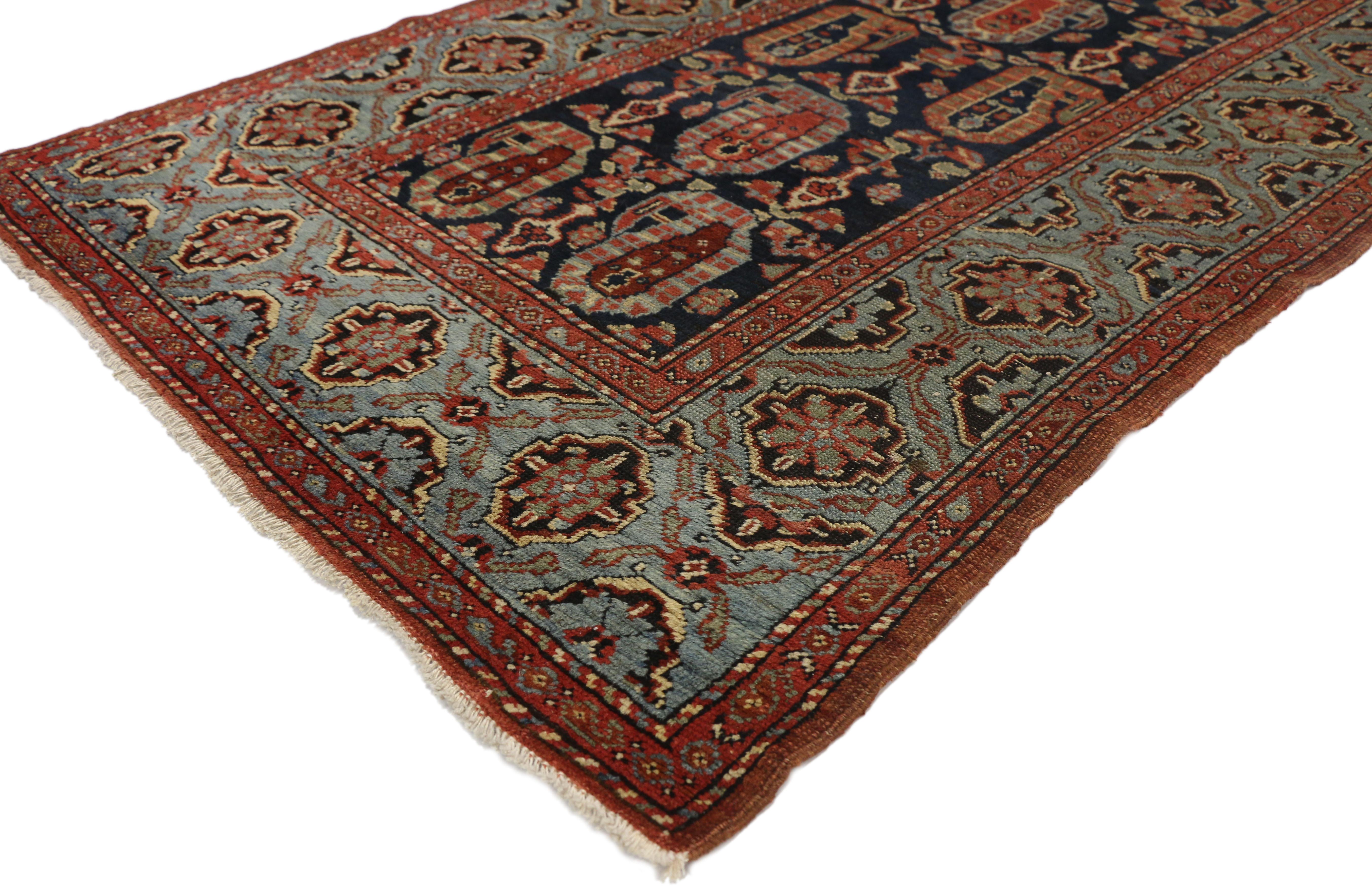 77304 Antique Persian Malayer Hallway Runner with Modern Parisian Style 03'05 x 13'06. Full of history with woven tales and a dark color palette, this hand knotted wool antique Persian Malayer runner would bring a sense of nostalgic charm to nearly
