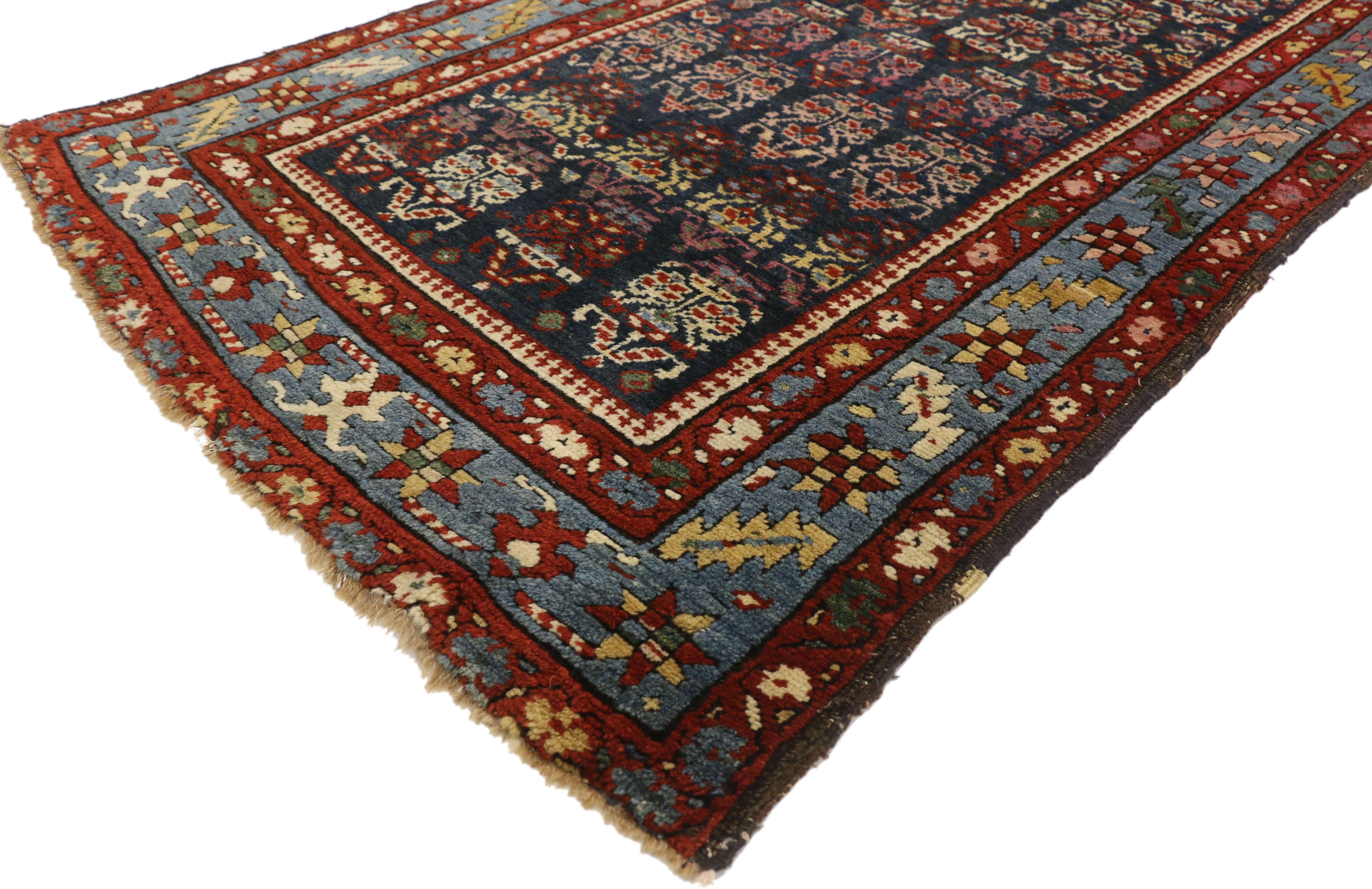 77285 Antique Persian Malayer Hallway Runner with Modern Parisian Style 02'10 x 12'06.  Full of history with woven tales and a dark color palette, this hand knotted wool antique Persian Malayer runner would bring a sense of nostalgic charm to nearly