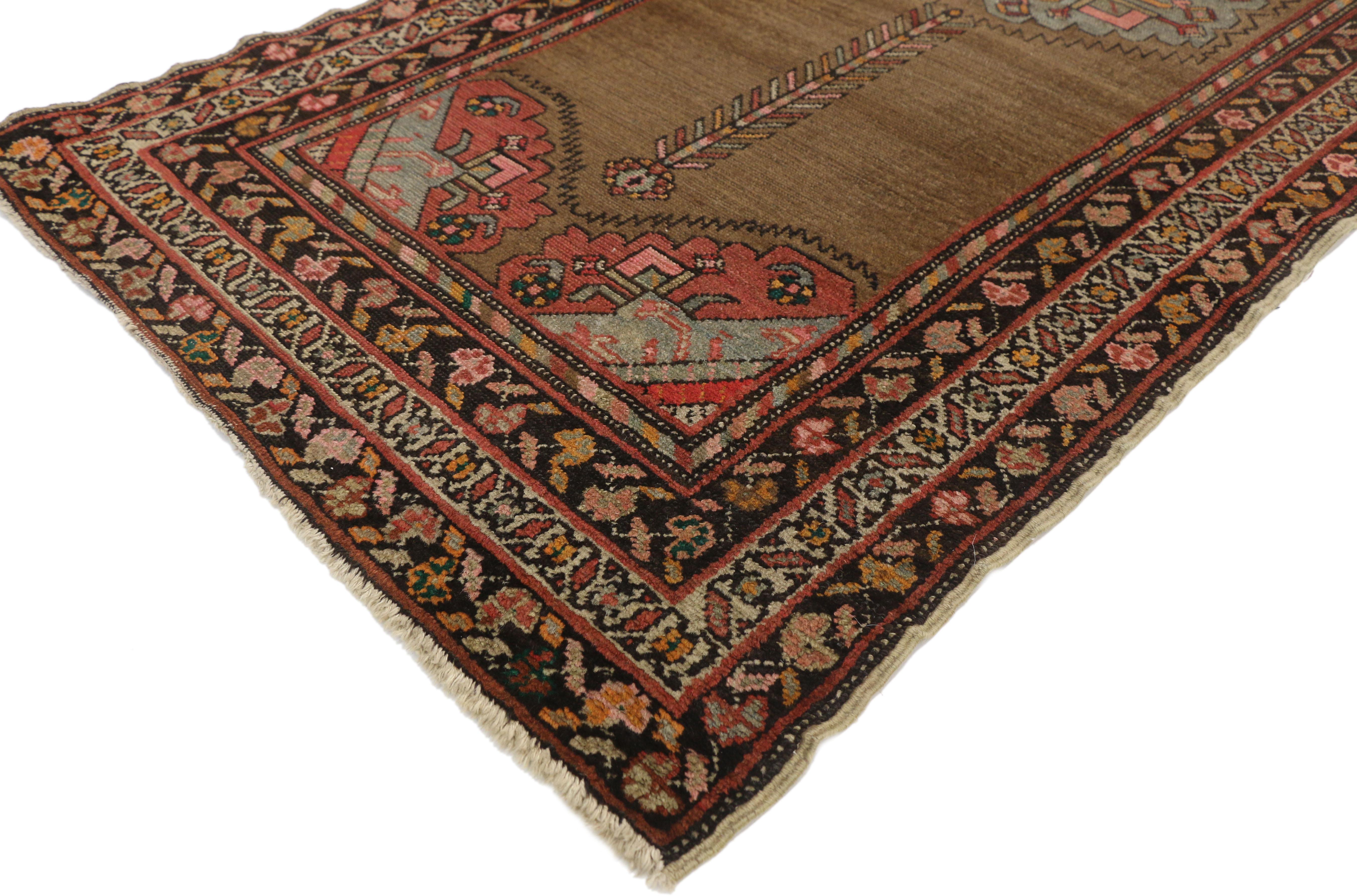 77305 Antique Persian Malayer Hallway Runner with Mid-Century Modern Style 03'02 x 12'11. This hand knotted wool antique Persian Malayer runner features a distinctive pole medallion design in an open abrashed field. Three cusped medallions each
