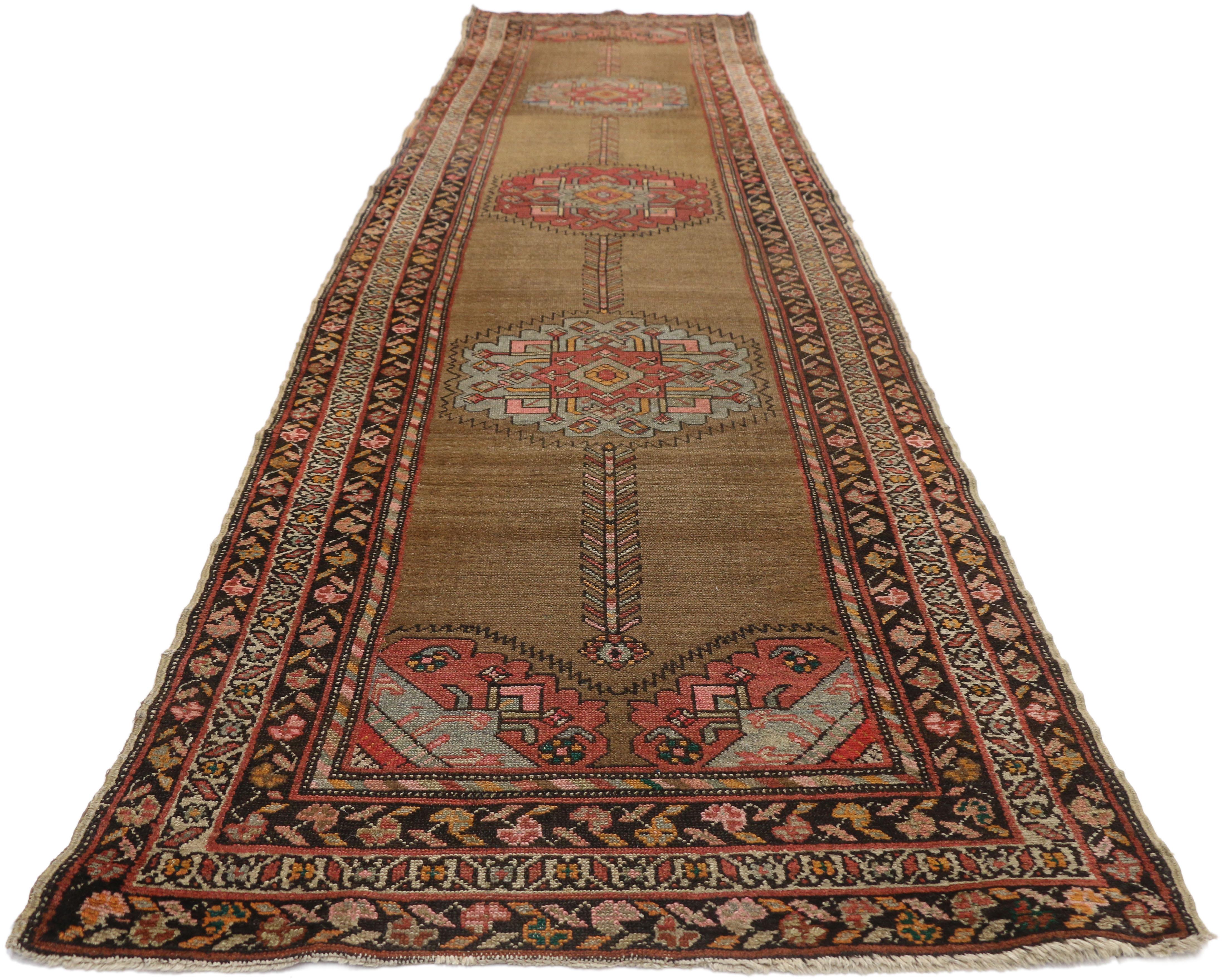 Hand-Knotted Antique Persian Malayer Hallway Runner with Mid-Century Modern Style For Sale