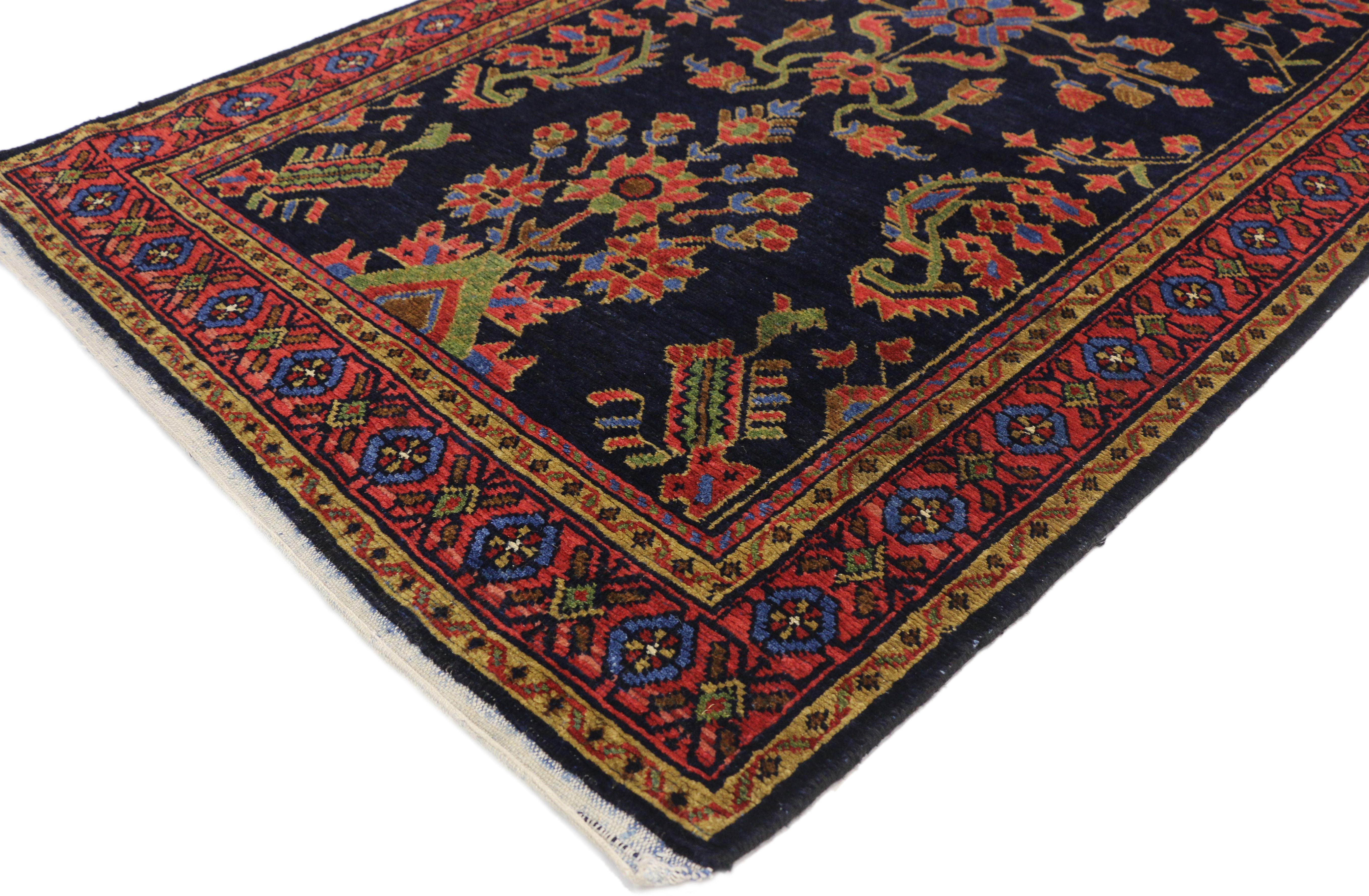 77302, antique Persian Malayer hallway runner with Mina Khani and Guli Hinnai flower. This hand knotted wool antique Persian Malayer runner features a lively floral lattice pattern composed of Mina Khani design and Guli Henna which is the flower of