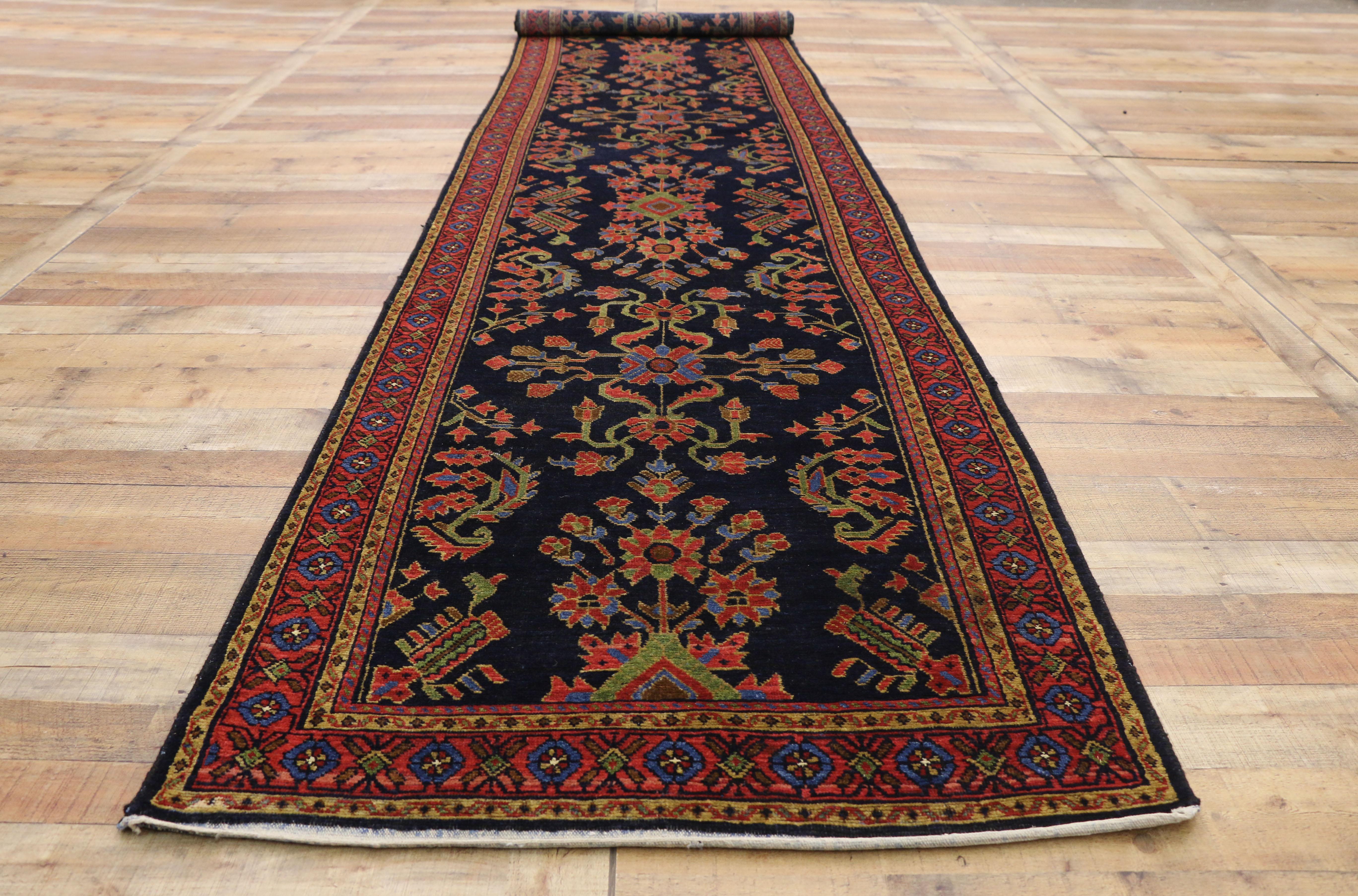 Wool Antique Persian Malayer Hallway Runner with Mina Khani and Guli Hinnai Flower For Sale