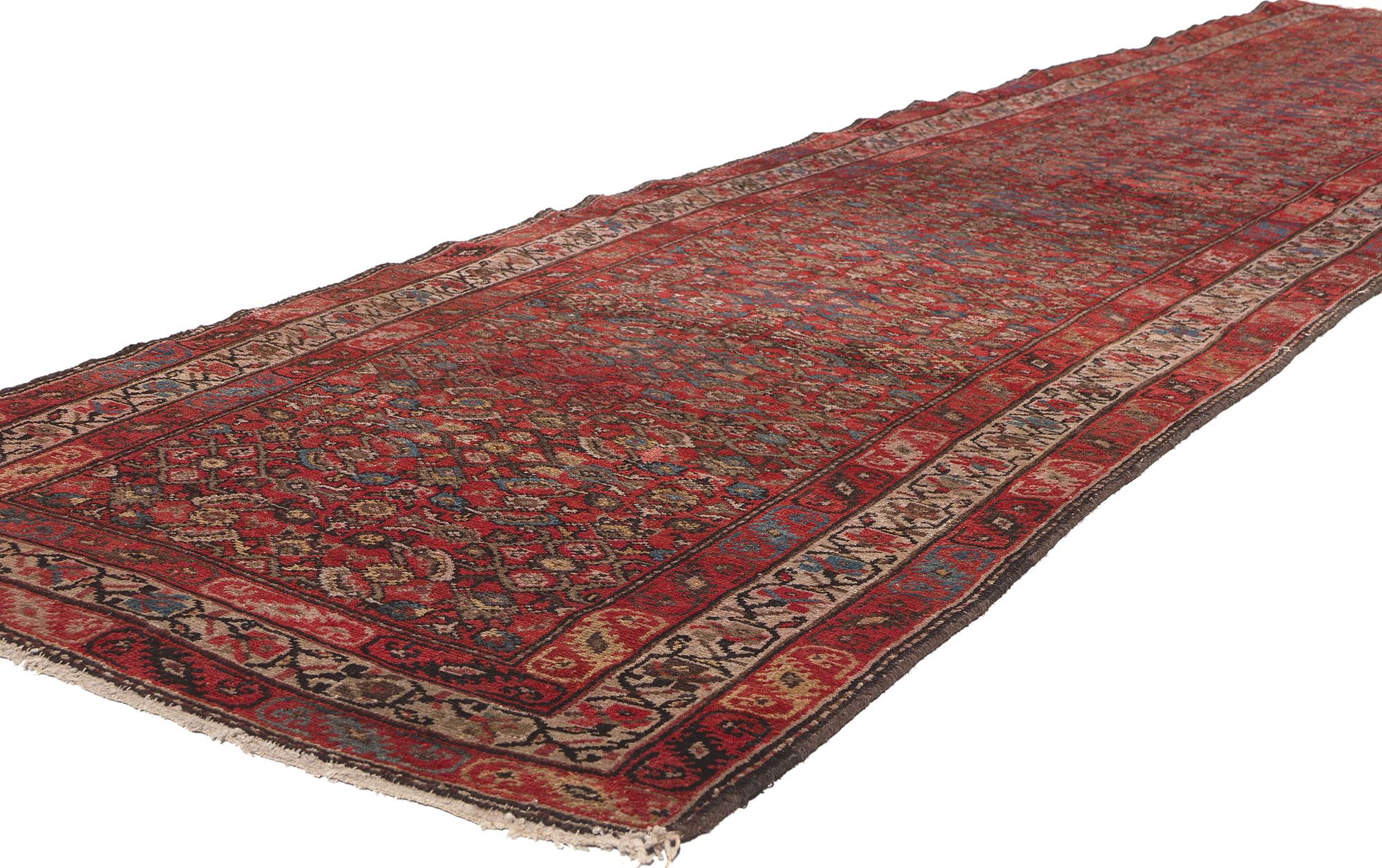 76833 Antique Persian Malayer Rug Runner, 03’03 x 13’02. Infuse your space with the comforting allure of Pacific Northwest design aesthetics through this enchanting hand knotted wool antique Persian Malayer runner. Crafted with a nod to tradition