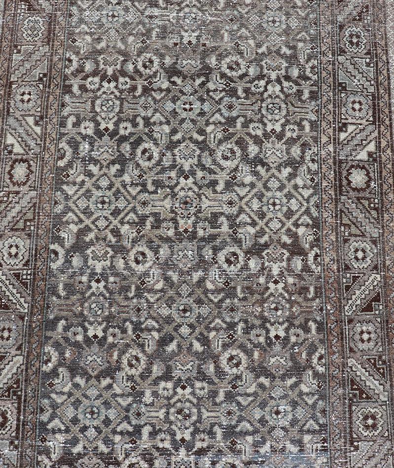 Antique Persian Malayer Hand-Knotted Runner in Wool in Brown, Gray, and Blue  In Good Condition For Sale In Atlanta, GA
