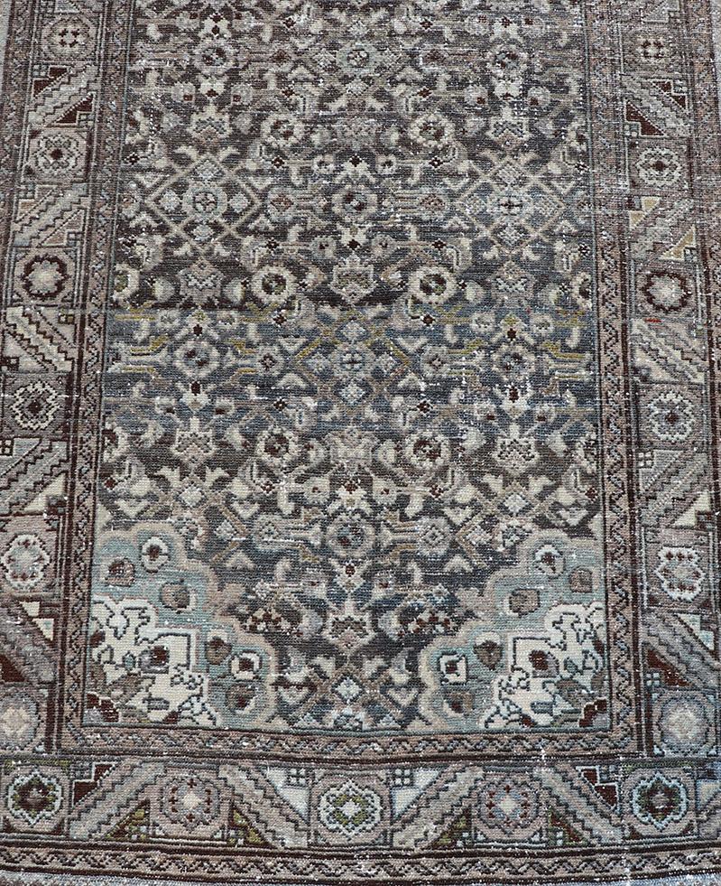 Early 20th Century Antique Persian Malayer Hand-Knotted Runner in Wool in Brown, Gray, and Blue  For Sale