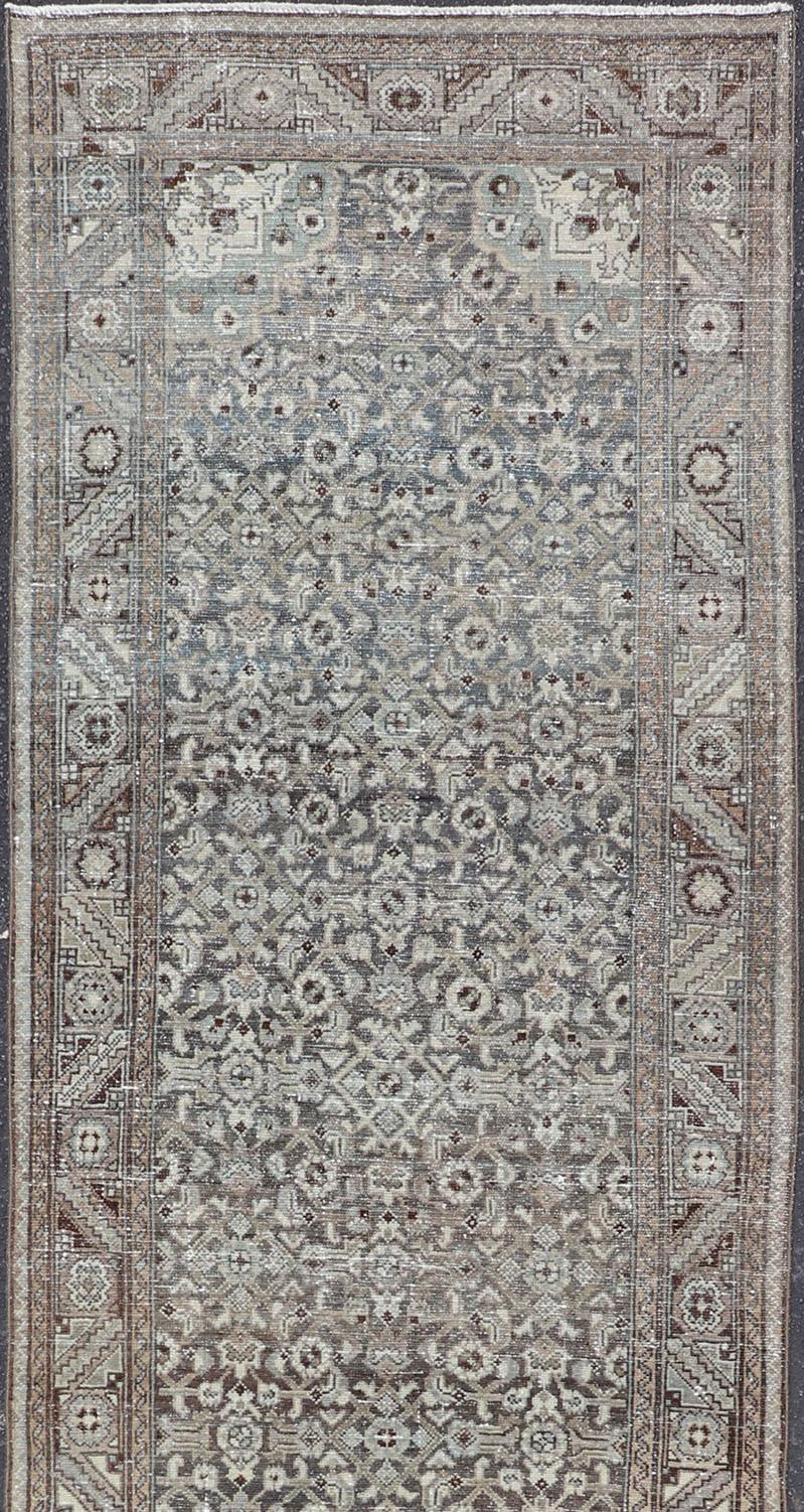 Antique Persian Malayer Hand-Knotted Runner in Wool in Brown, Gray, and Blue  For Sale 1