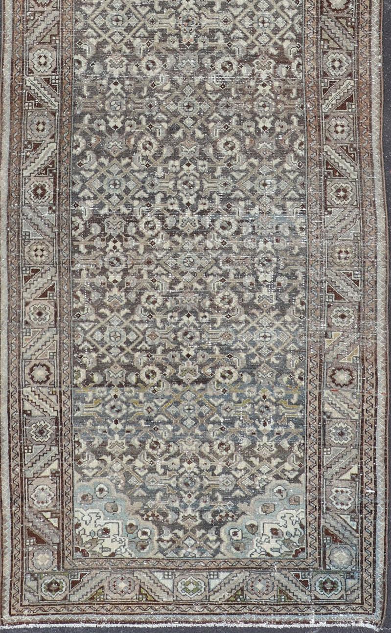Antique Persian Malayer Hand-Knotted Runner in Wool in Brown, Gray, and Blue  For Sale 3