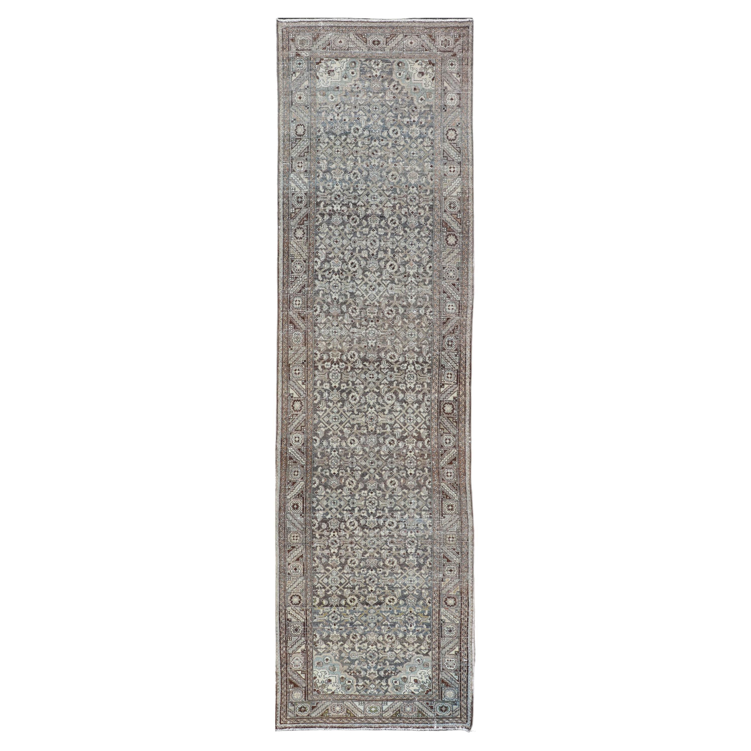 Antique Persian Malayer Hand-Knotted Runner in Wool in Brown, Gray, and Blue  For Sale