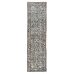 Antique Persian Malayer Hand-Knotted Runner in Wool in Brown, Gray, and Blue 