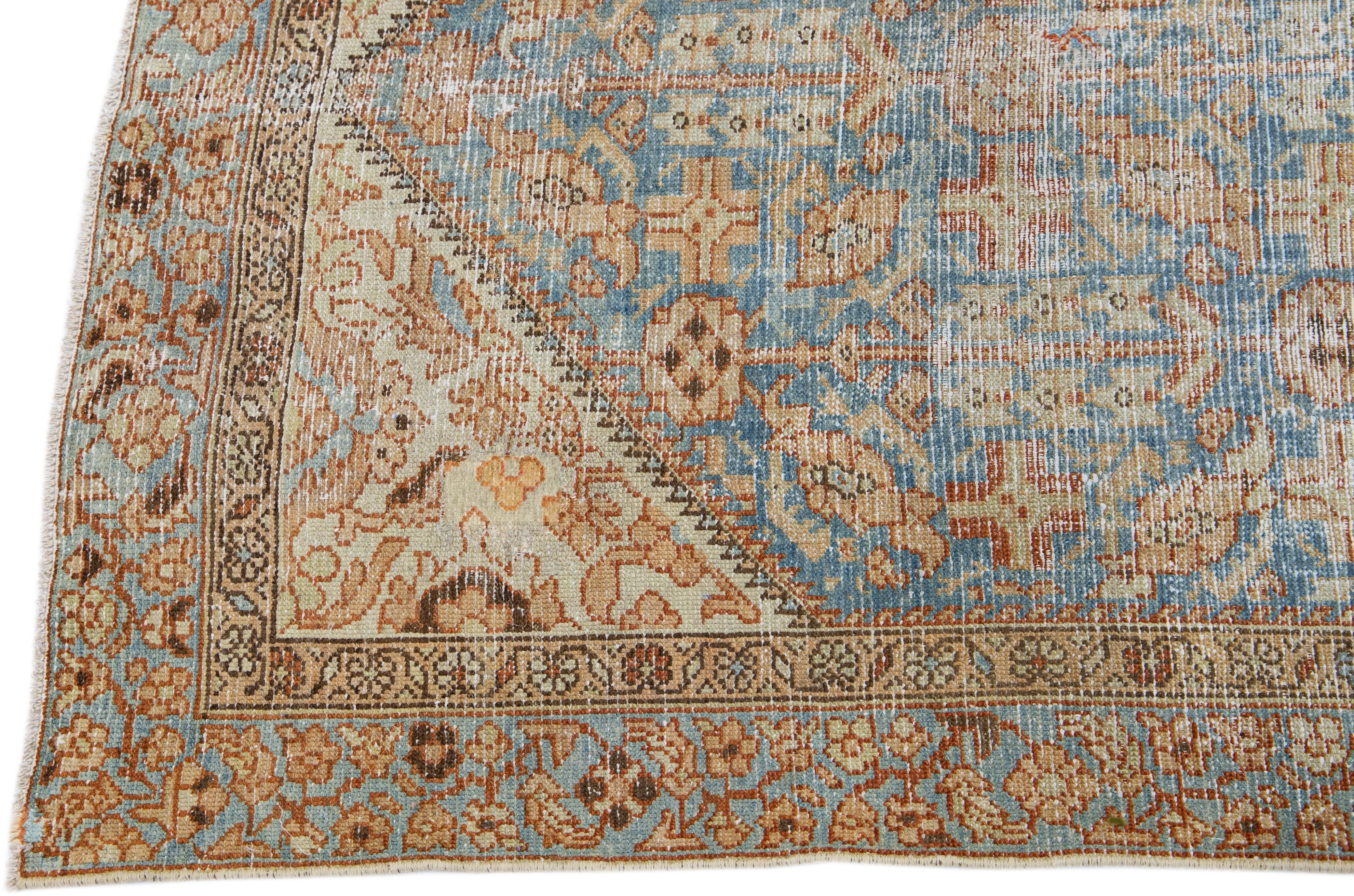 Hand-Knotted Antique Persian Malayer Handmade Allover Blue Wool Runner For Sale