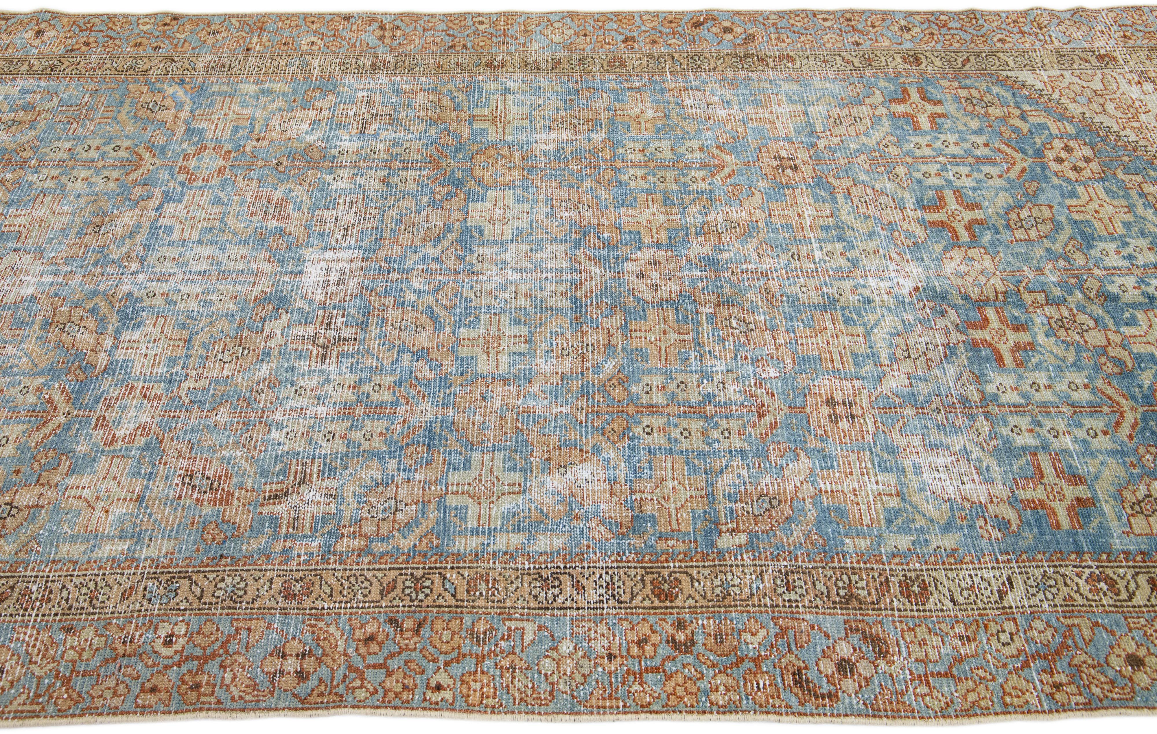 Antique Persian Malayer Handmade Allover Blue Wool Runner In Distressed Condition For Sale In Norwalk, CT