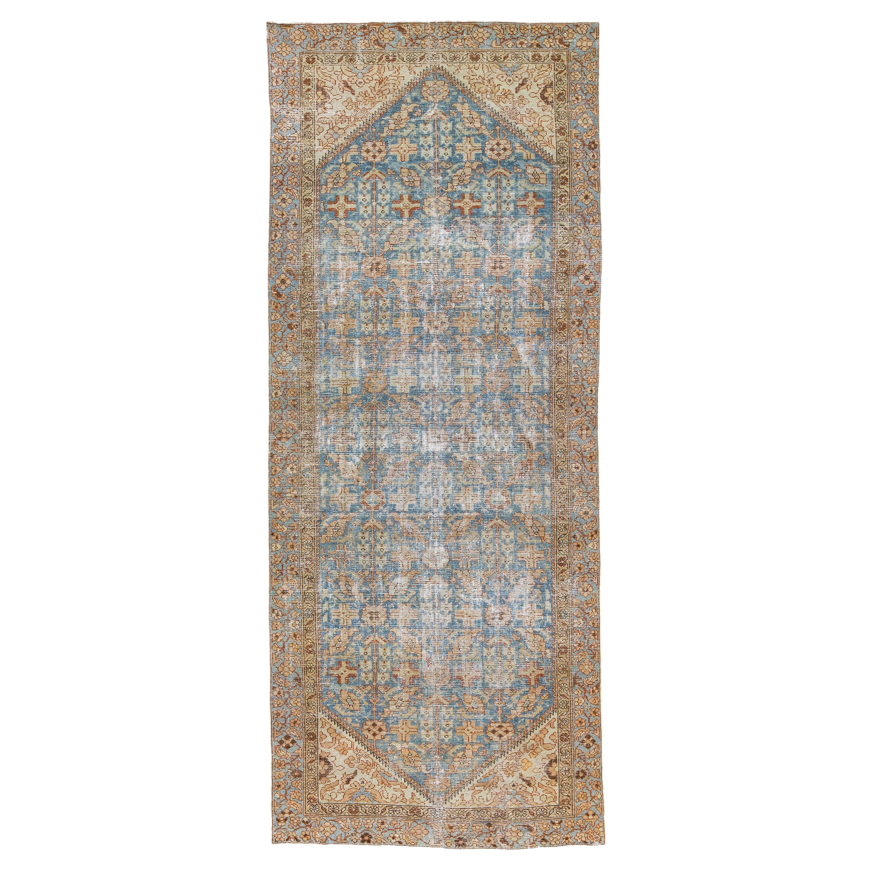Tapis de couloir persan ancien Malayer en laine bleue entièrement recouvert à la main