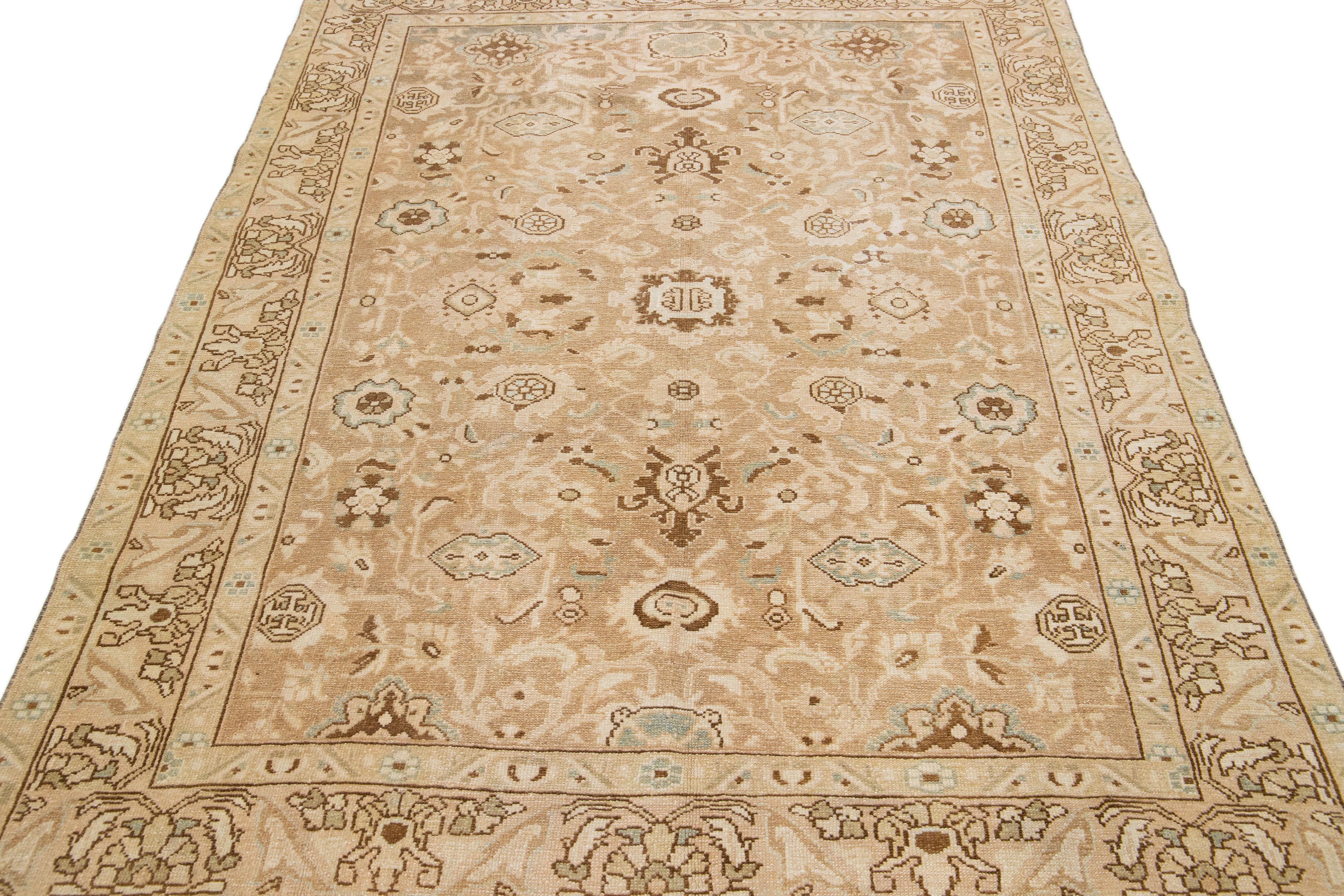 Hand-Knotted Antique Persian Malayer Handmade Beige Wool Rug with Allover Motif For Sale