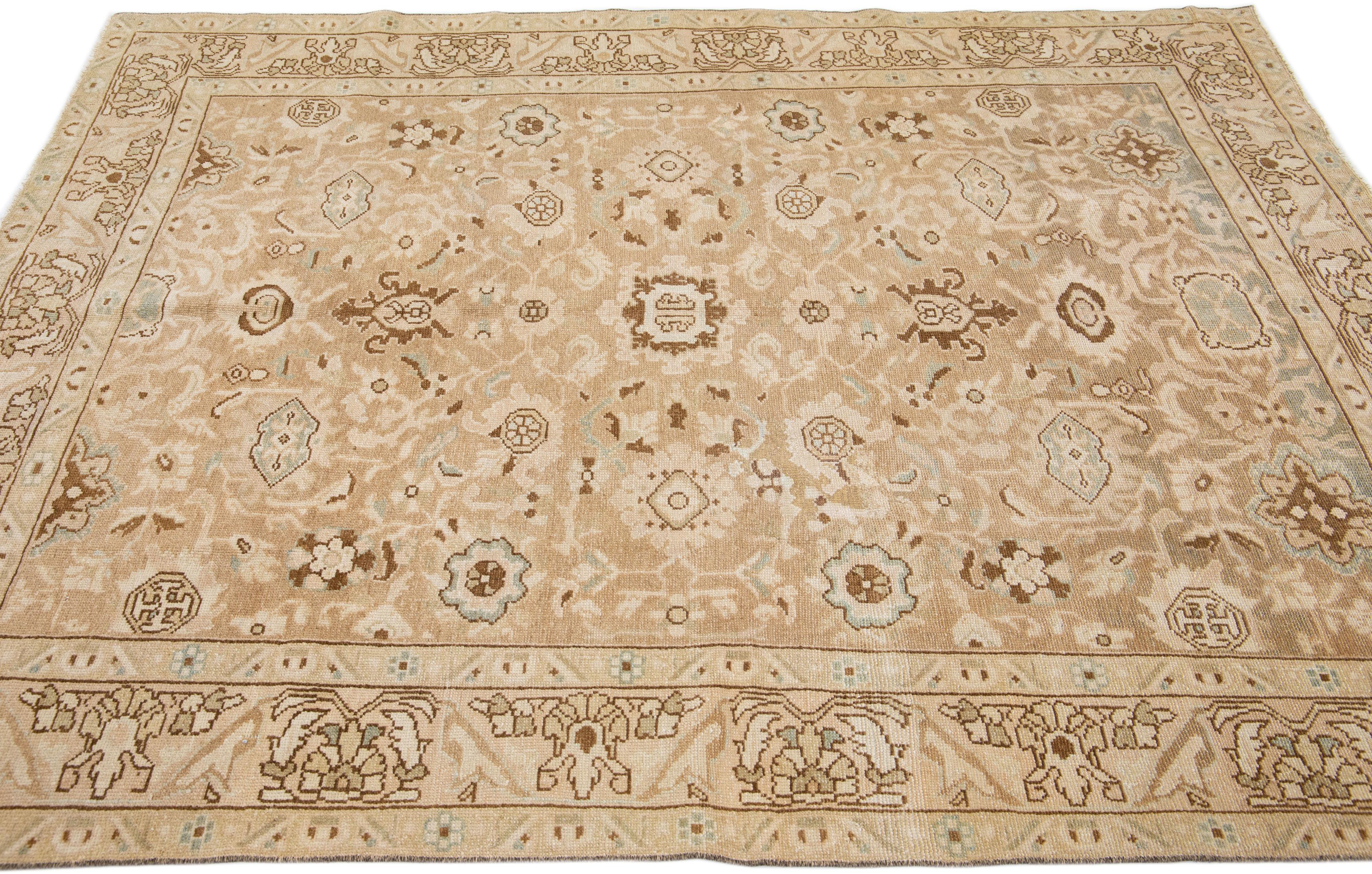 Antique Persian Malayer Handmade Beige Wool Rug with Allover Motif For Sale 1