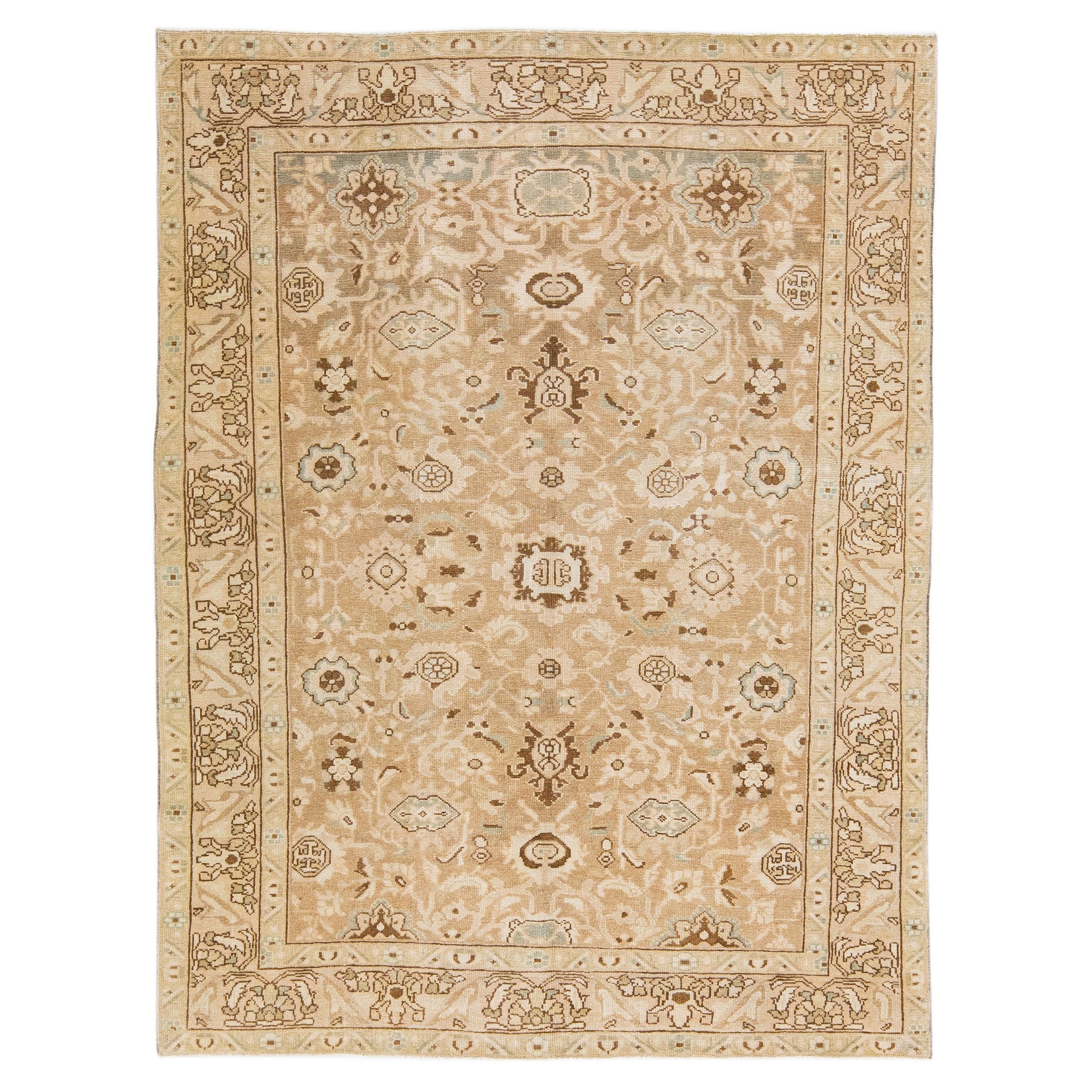 Tapis persan ancien Malayer en laine beige fait à la main avec motif sur toute sa surface