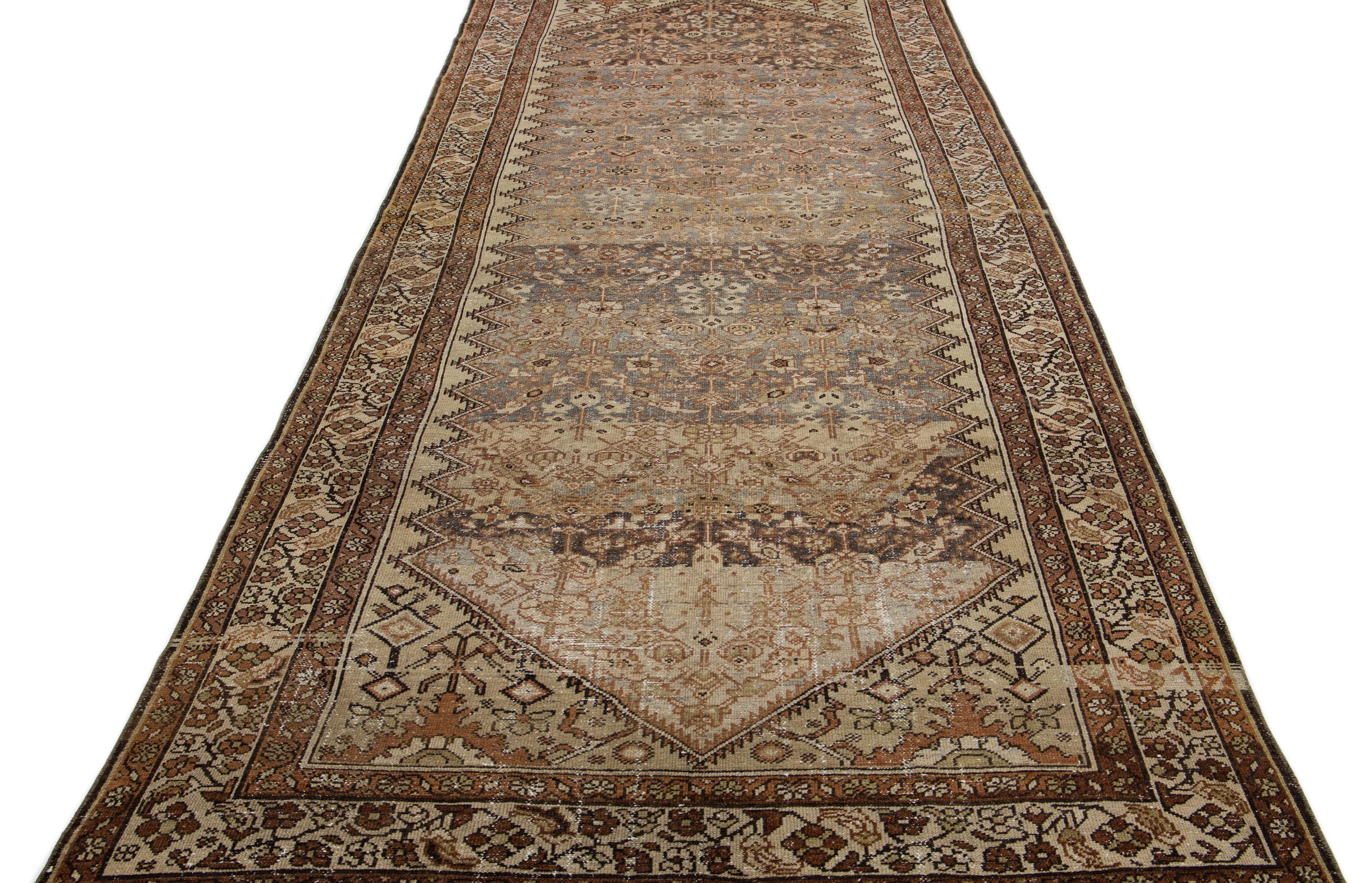 Hand-Knotted Antique Persian Malayer Handmade Brown & Grey Allover Motif Wool Rug For Sale