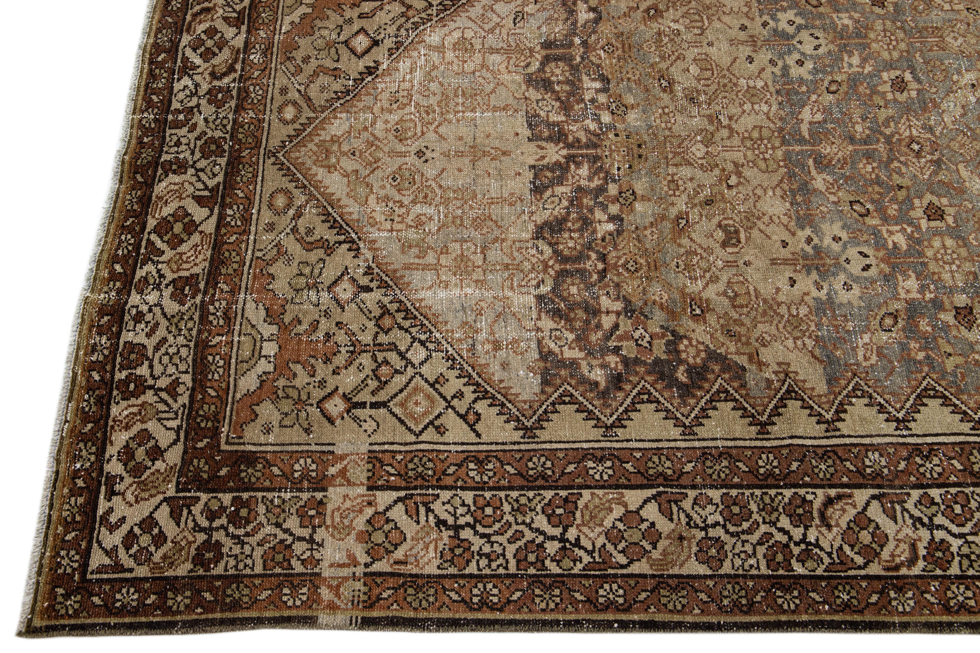 Antique Persian Malayer Handmade Brown & Grey Allover Motif Wool Rug In Good Condition For Sale In Norwalk, CT