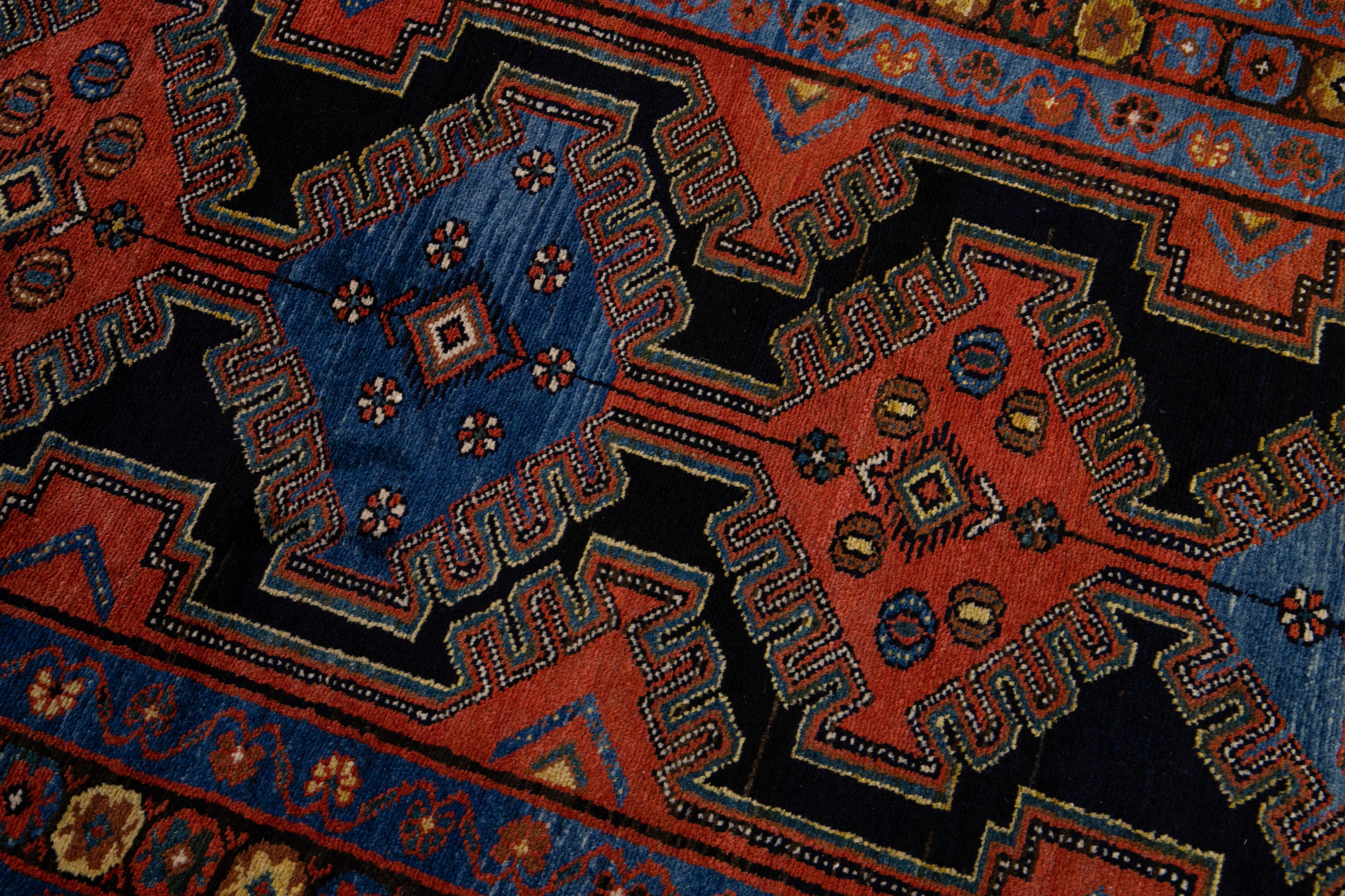 Antique Persian Malayer Handmade Tribal Blue Long Wool Runner For Sale 4