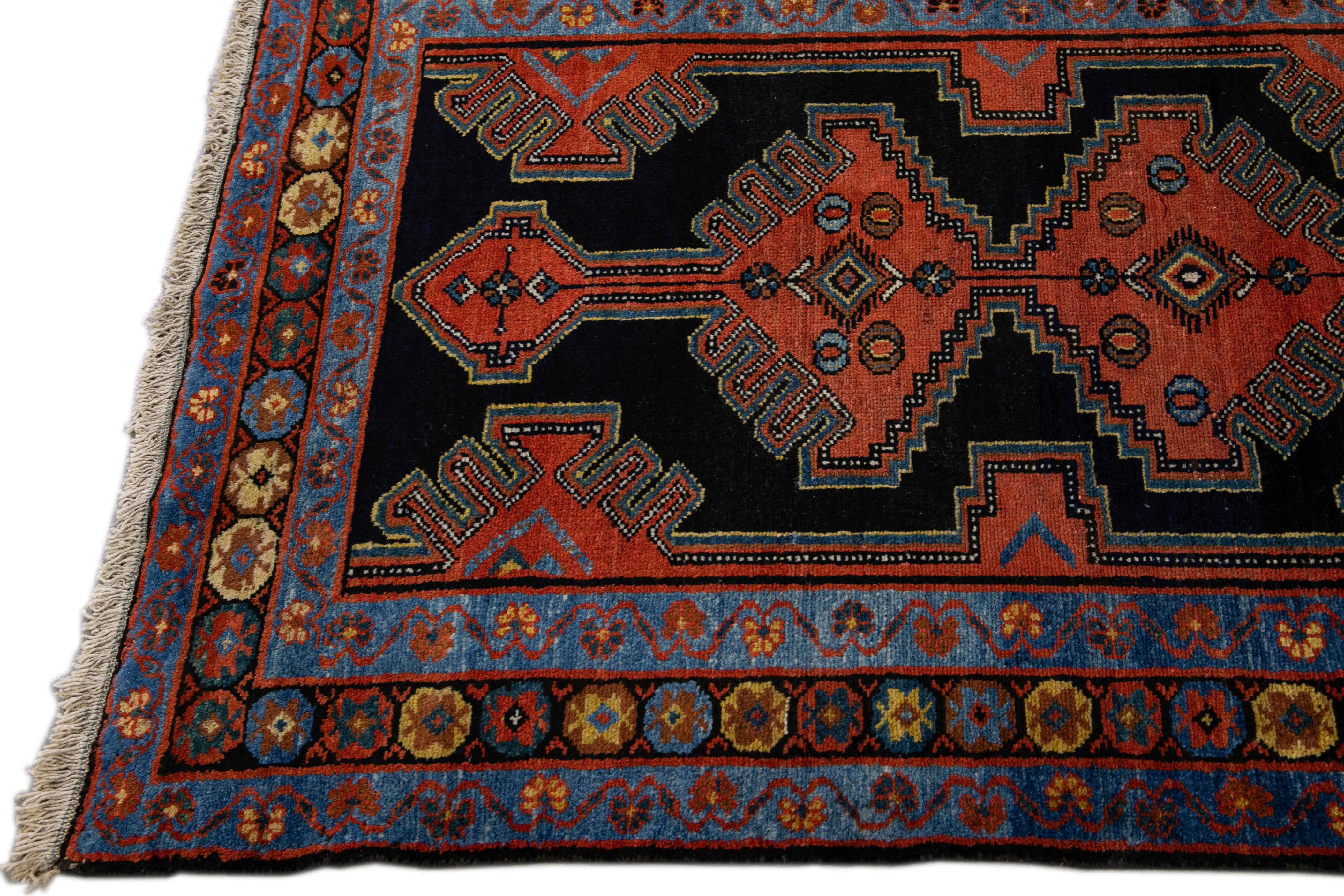 Islamic Antique Persian Malayer Handmade Tribal Blue Long Wool Runner For Sale
