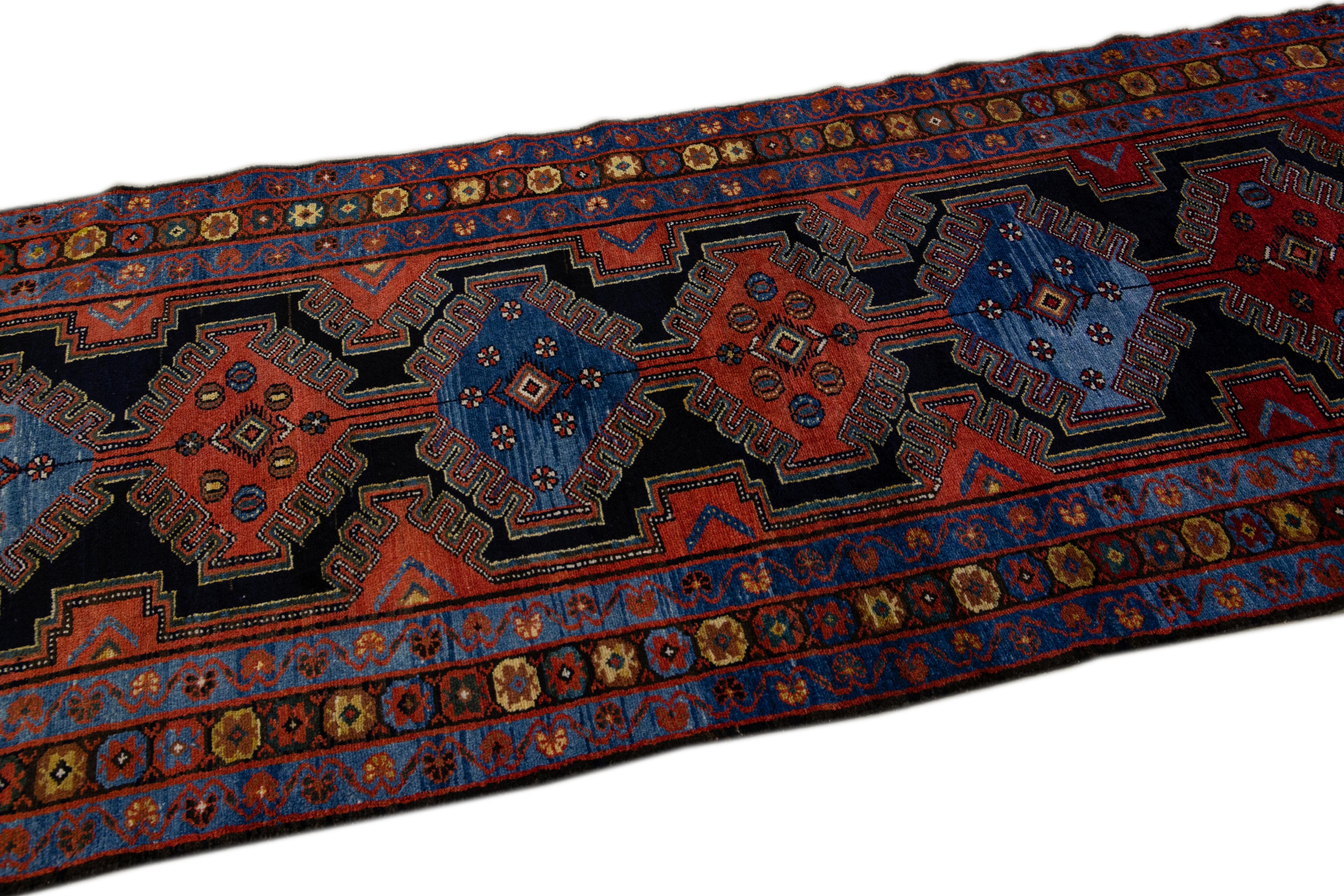 Hand-Knotted Antique Persian Malayer Handmade Tribal Blue Long Wool Runner For Sale