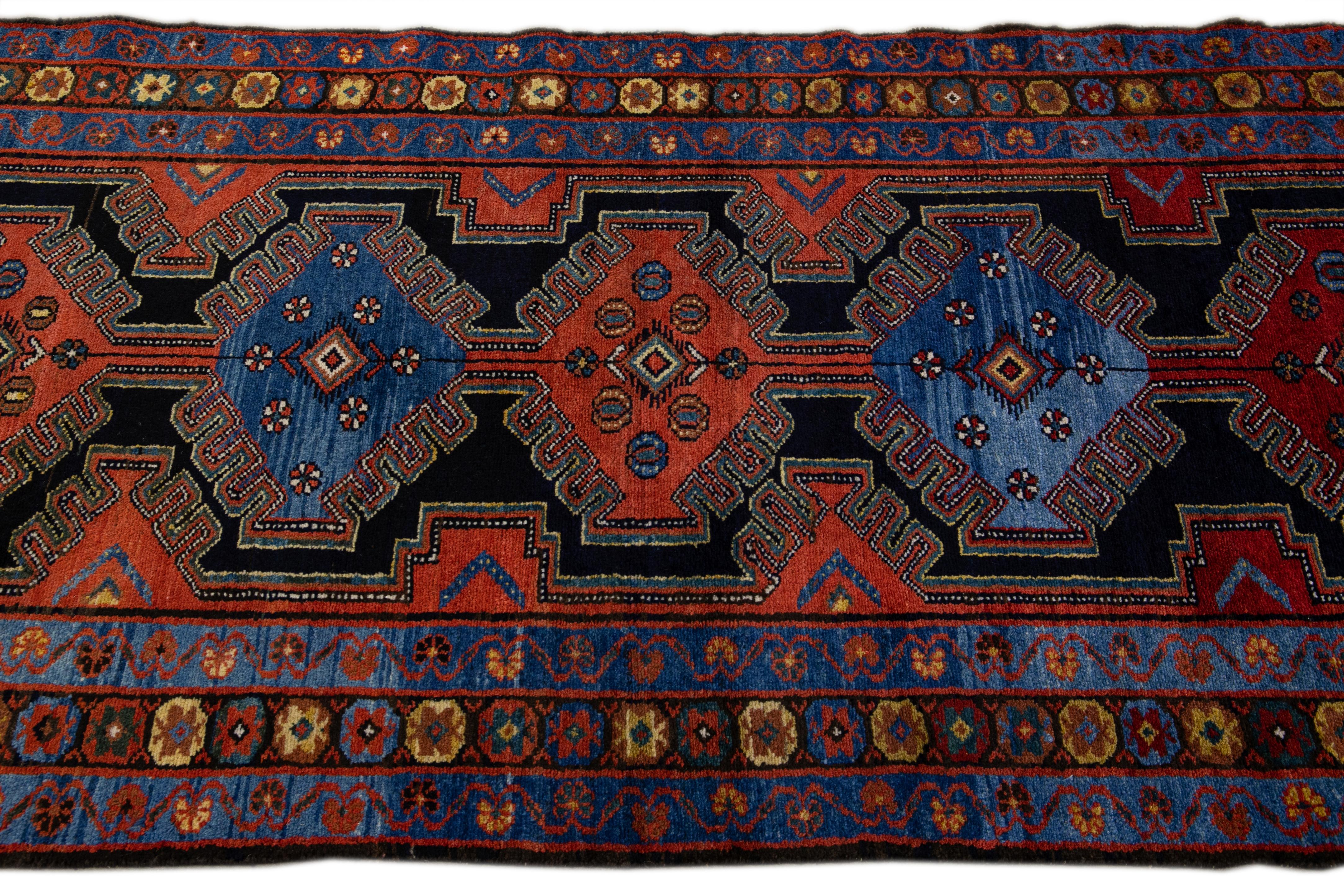 Antique Persian Malayer Handmade Tribal Blue Long Wool Runner In Excellent Condition For Sale In Norwalk, CT