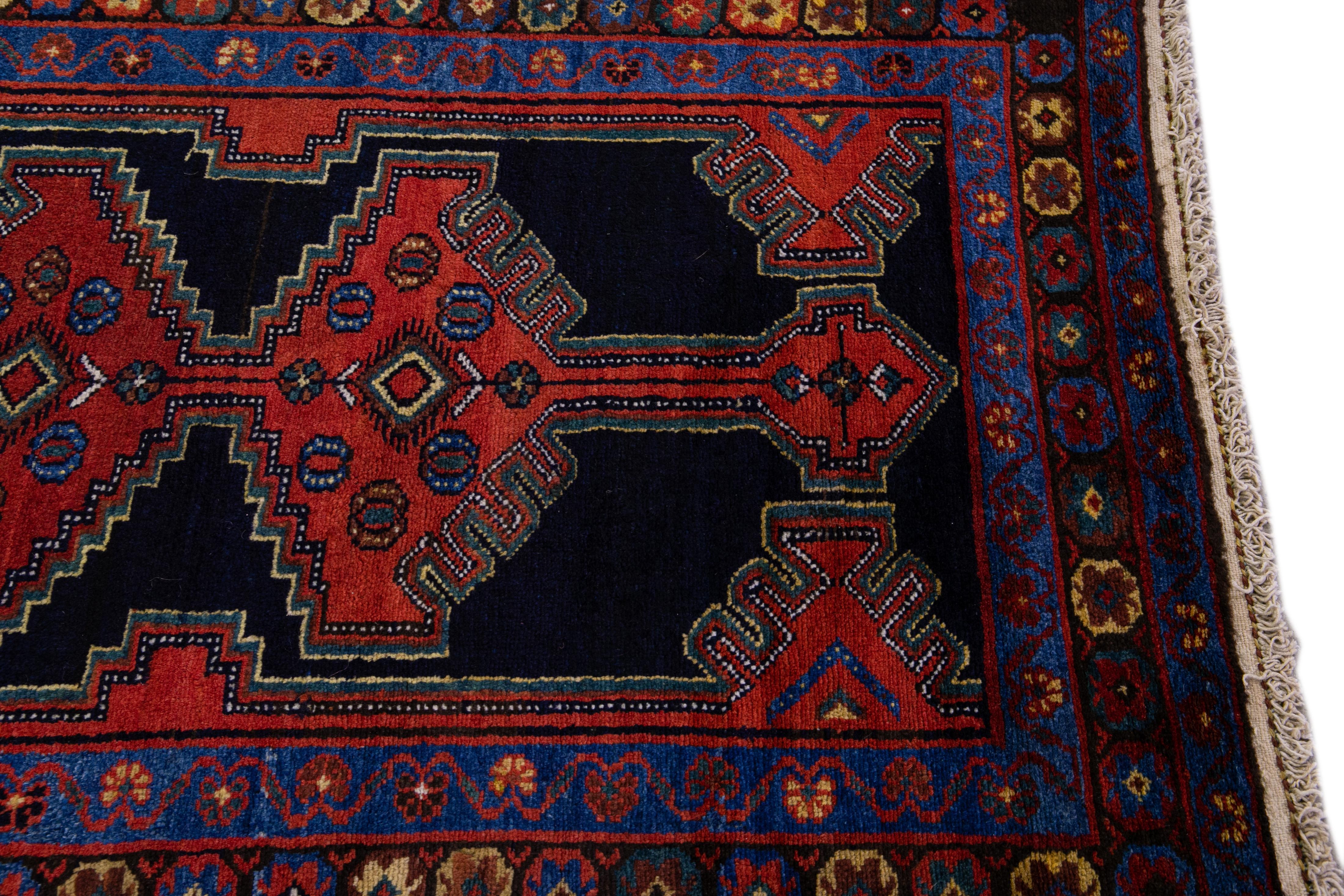 Early 20th Century Antique Persian Malayer Handmade Tribal Blue Long Wool Runner For Sale