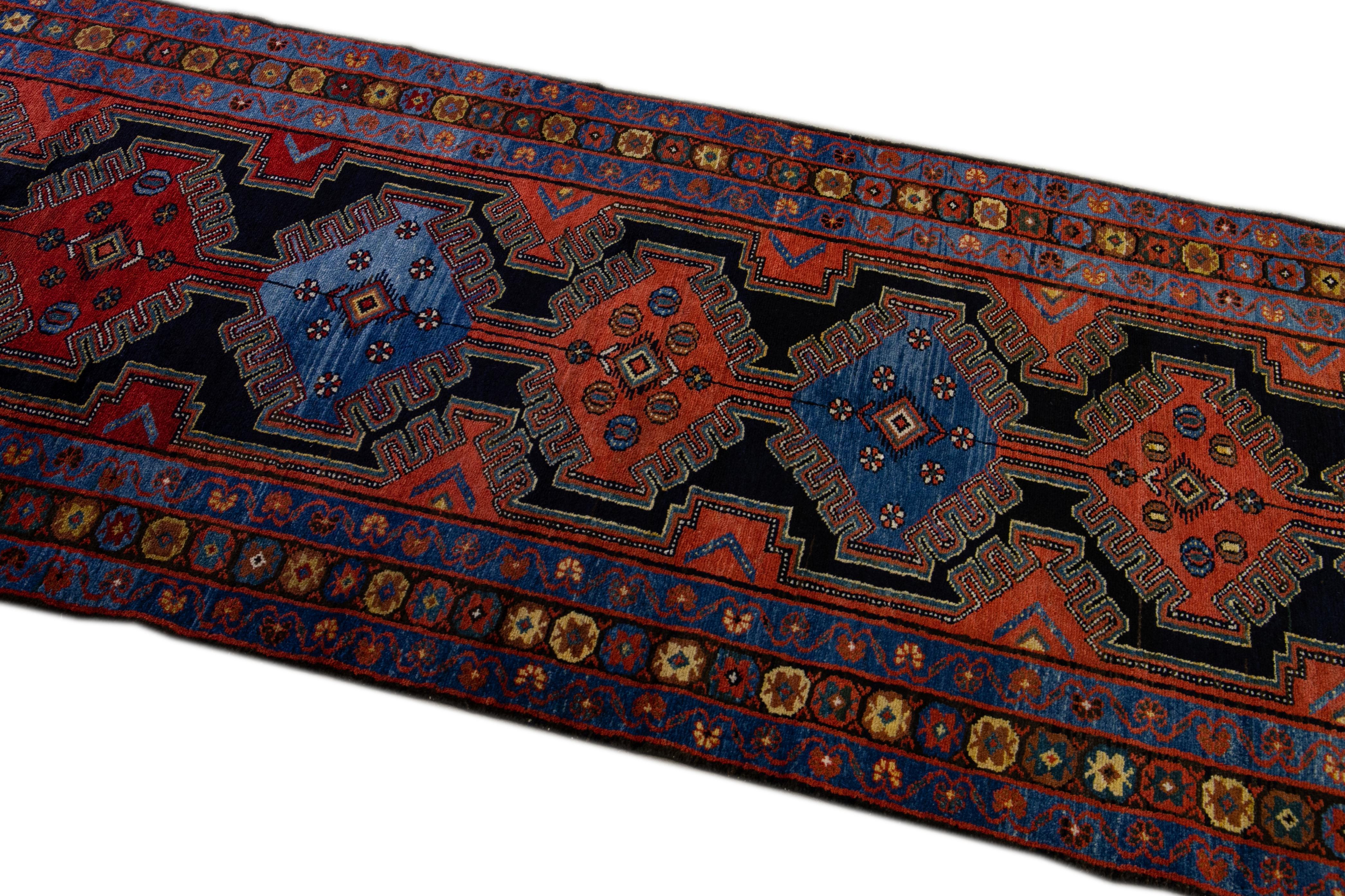 Antique Persian Malayer Handmade Tribal Blue Long Wool Runner For Sale 1