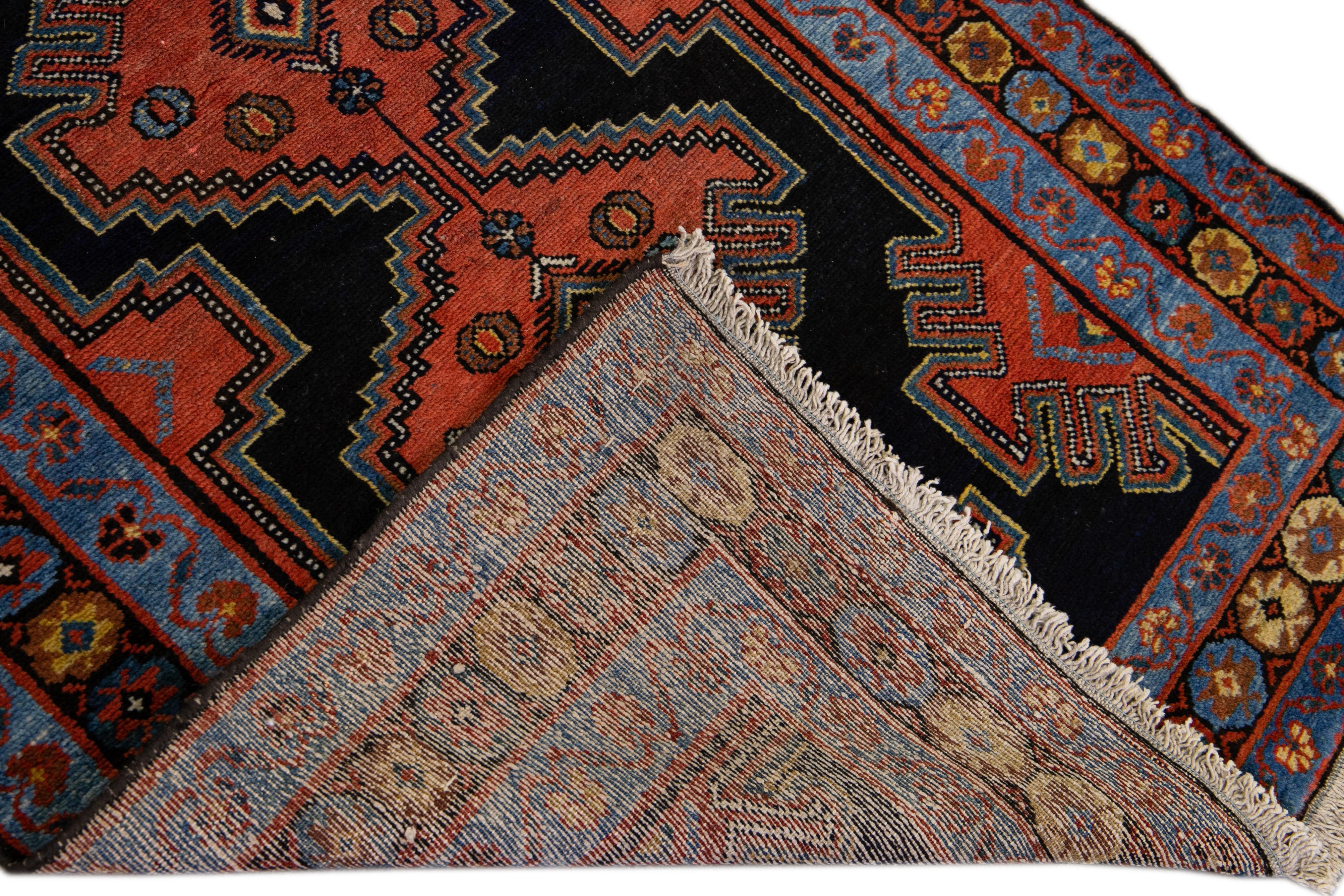 Antique Persian Malayer Handmade Tribal Blue Long Wool Runner For Sale 2