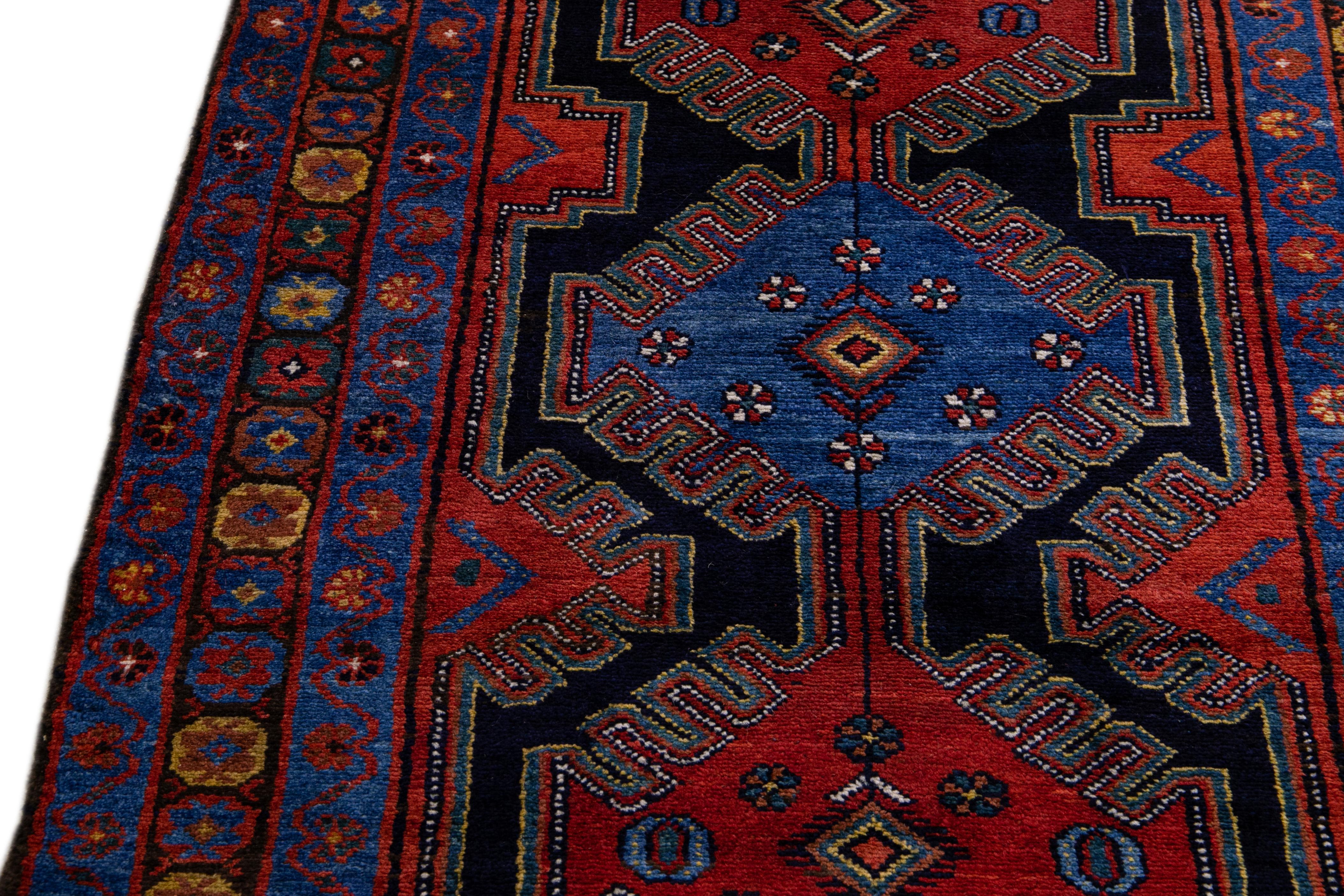 Antique Persian Malayer Handmade Tribal Blue Long Wool Runner For Sale 3